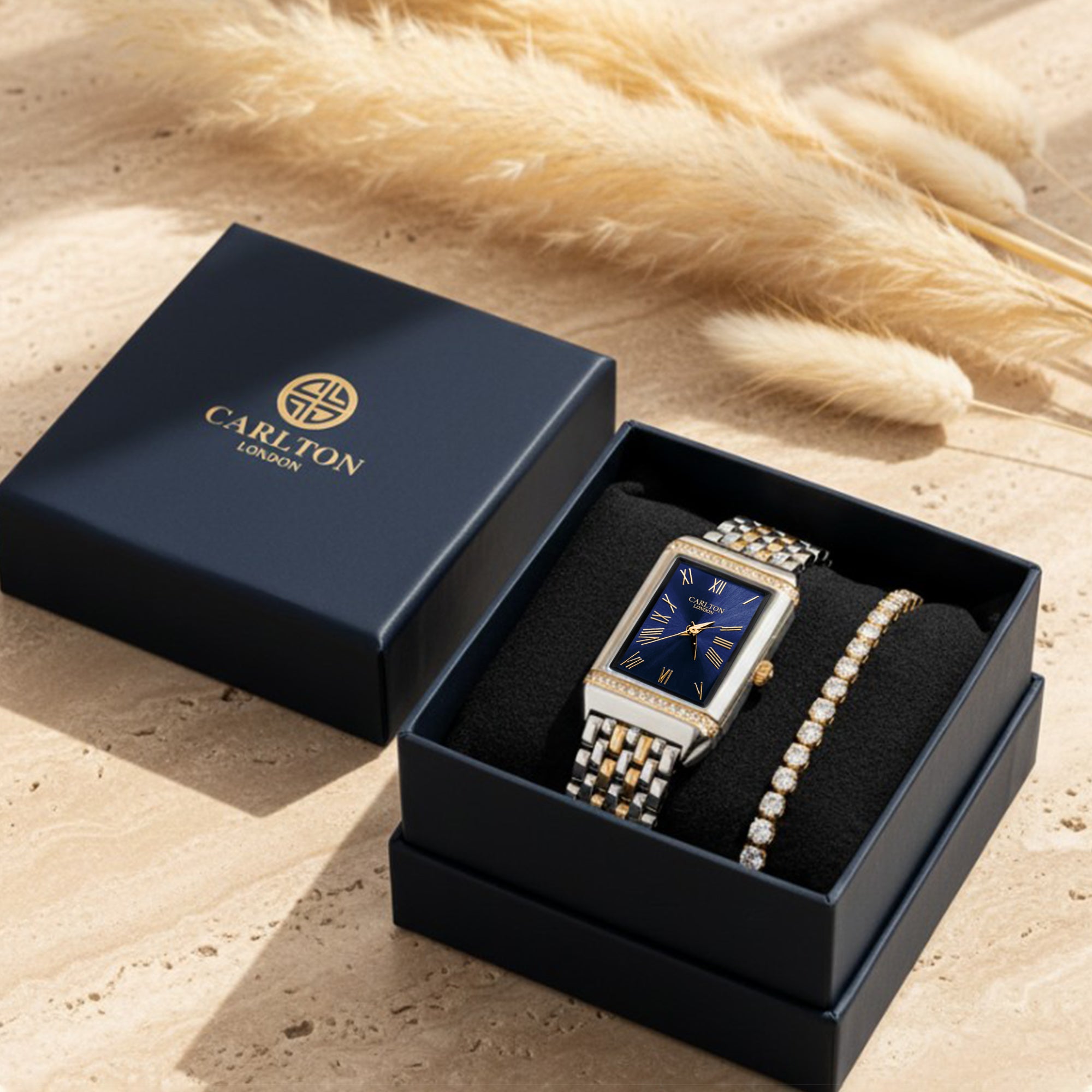 Carlton London Amara Women’s Gift Set – Navy Blue Dial Watch with Tennis Bracelet, Two Tone – CLPLG126