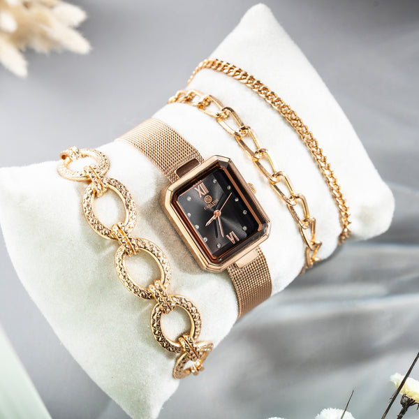 Women Gift set Of 4 Black Dial Watch + 3 Bracelets