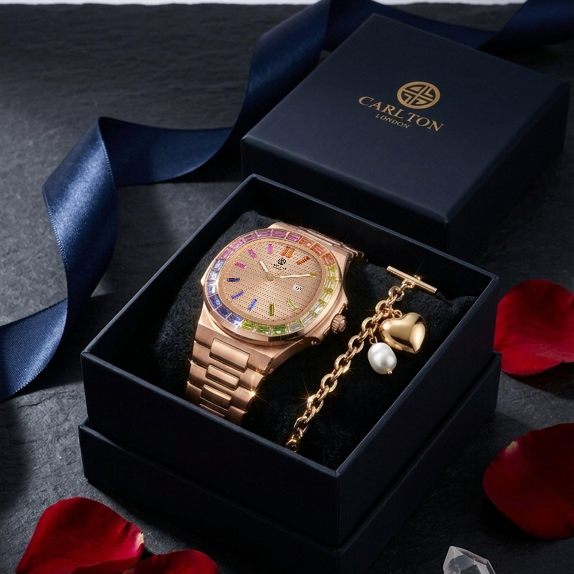 Carlton London Grace Women’s Gift Set – White Dial Watch with Heart Pearl Bracelet, Rose Gold – CLPLG137