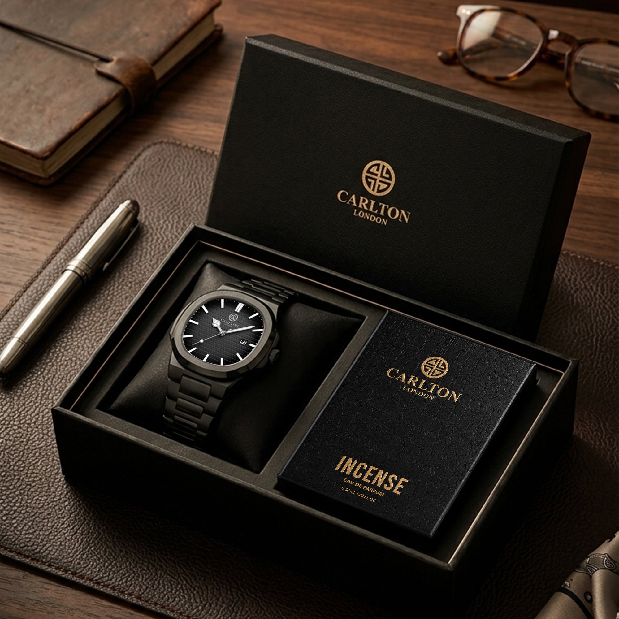 Carlton London Arthur Men’s Gift Set – Black Dial Watch with Incense Perfume 50ml, Black Strap – CLPLG131