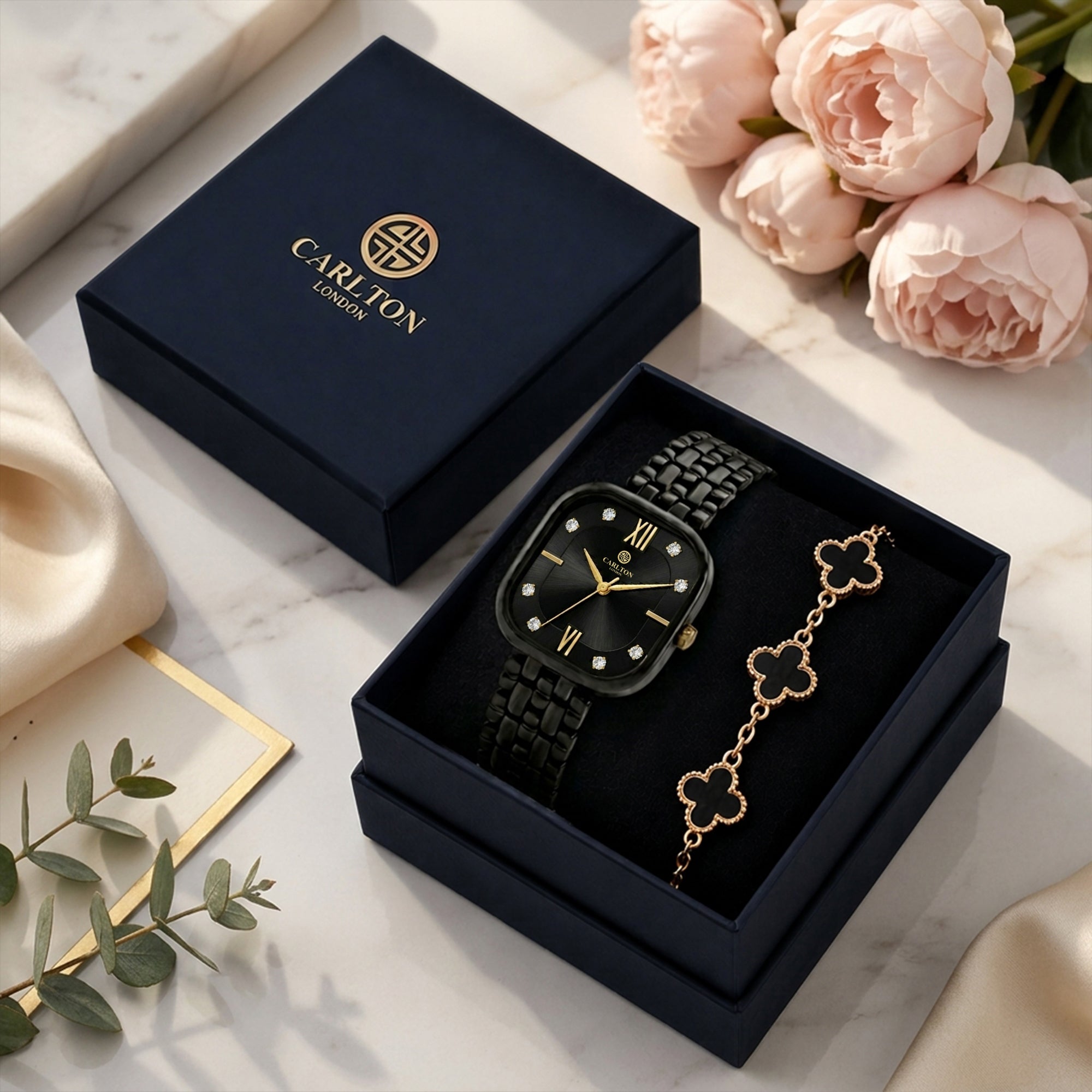 Carlton London Chelsea Women’s Gift Set – Black Dial Watch with Black Leaf Bracelet, Black Strap – CLPLG136