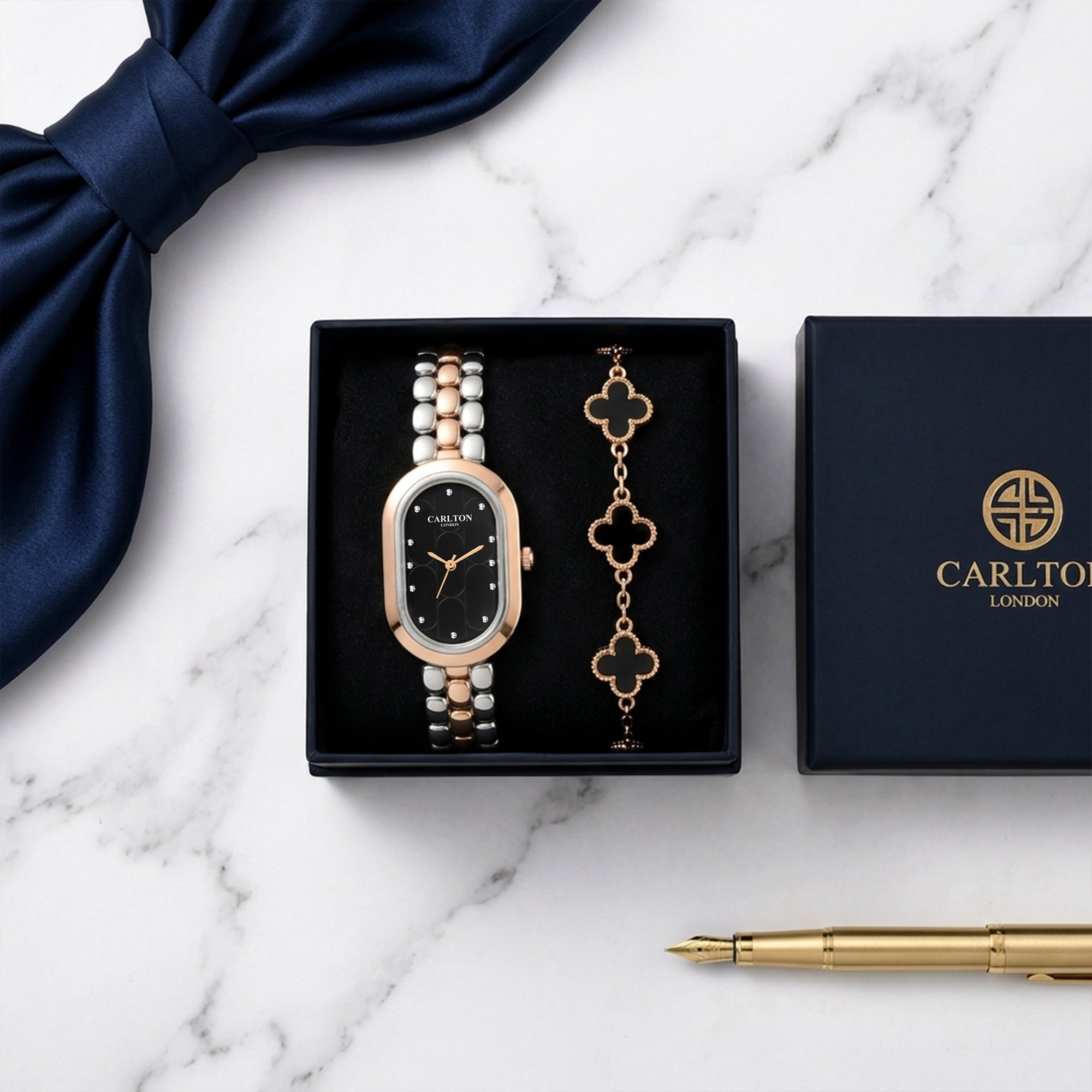 Carlton London Cecil Women’s Gift Set – Black Oval Dial Watch with Black Leaf Bracelet, Two Tone – CLPLG133