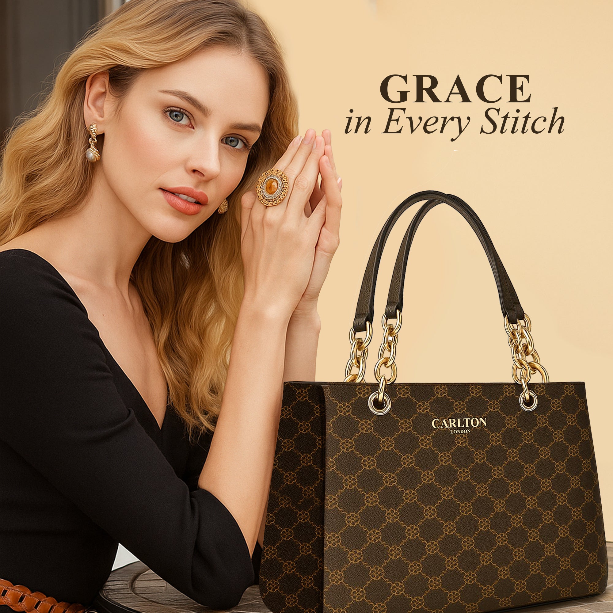 Carlton London brown Monogram Tote Bag with Gold Chain-Link Handles