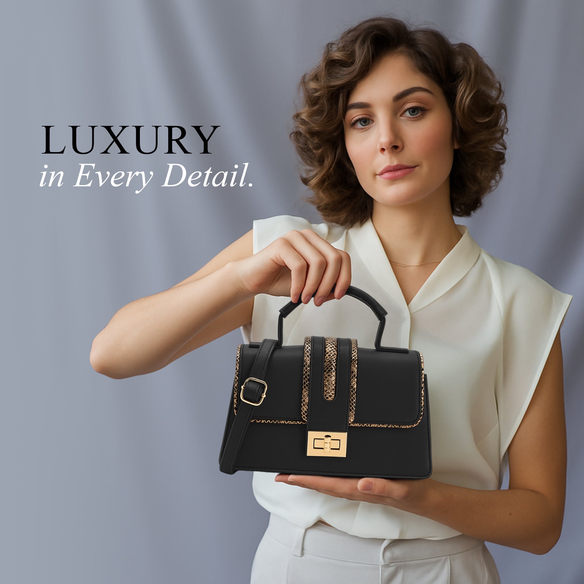 Carlton London Black & Gold Trim Structured Handbag