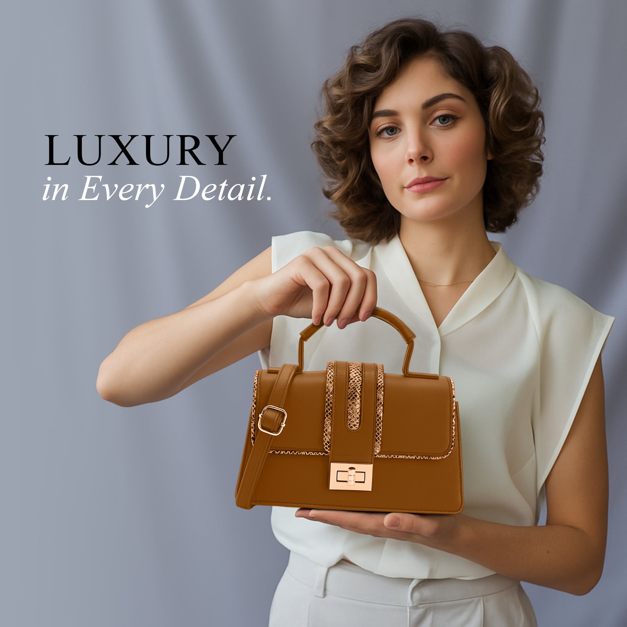 Carlton London Beige Structured Handbag with Metallic Detailing