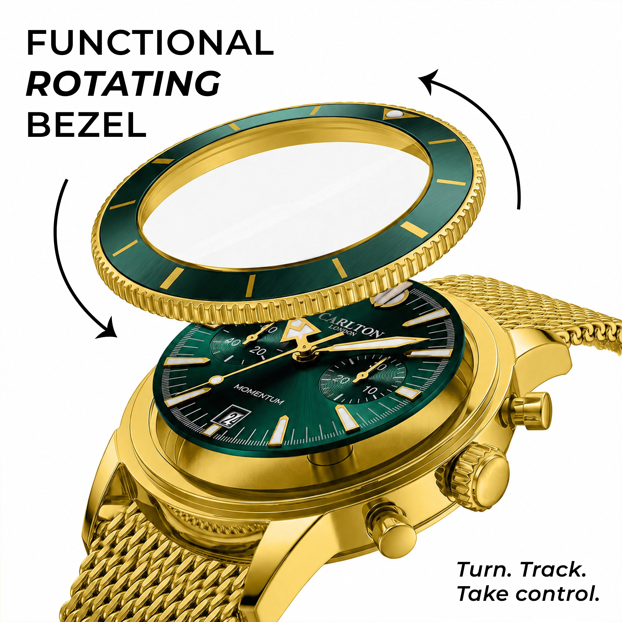 Carlton London Momentum Men’s Watch – Green Round Dial, Gold Stainless Steel Strap – CL-MT-GGRN