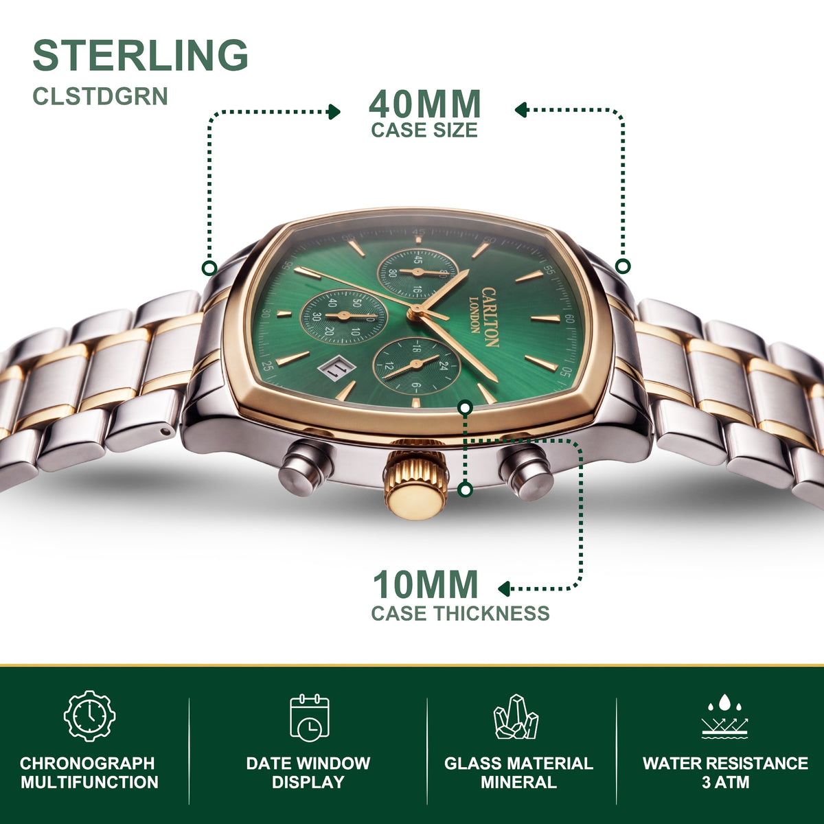 Carlton London Sterling Men’s Watch - Green Square Dial, Dual Tone Stainless Steel Strap - CLSTDGRN