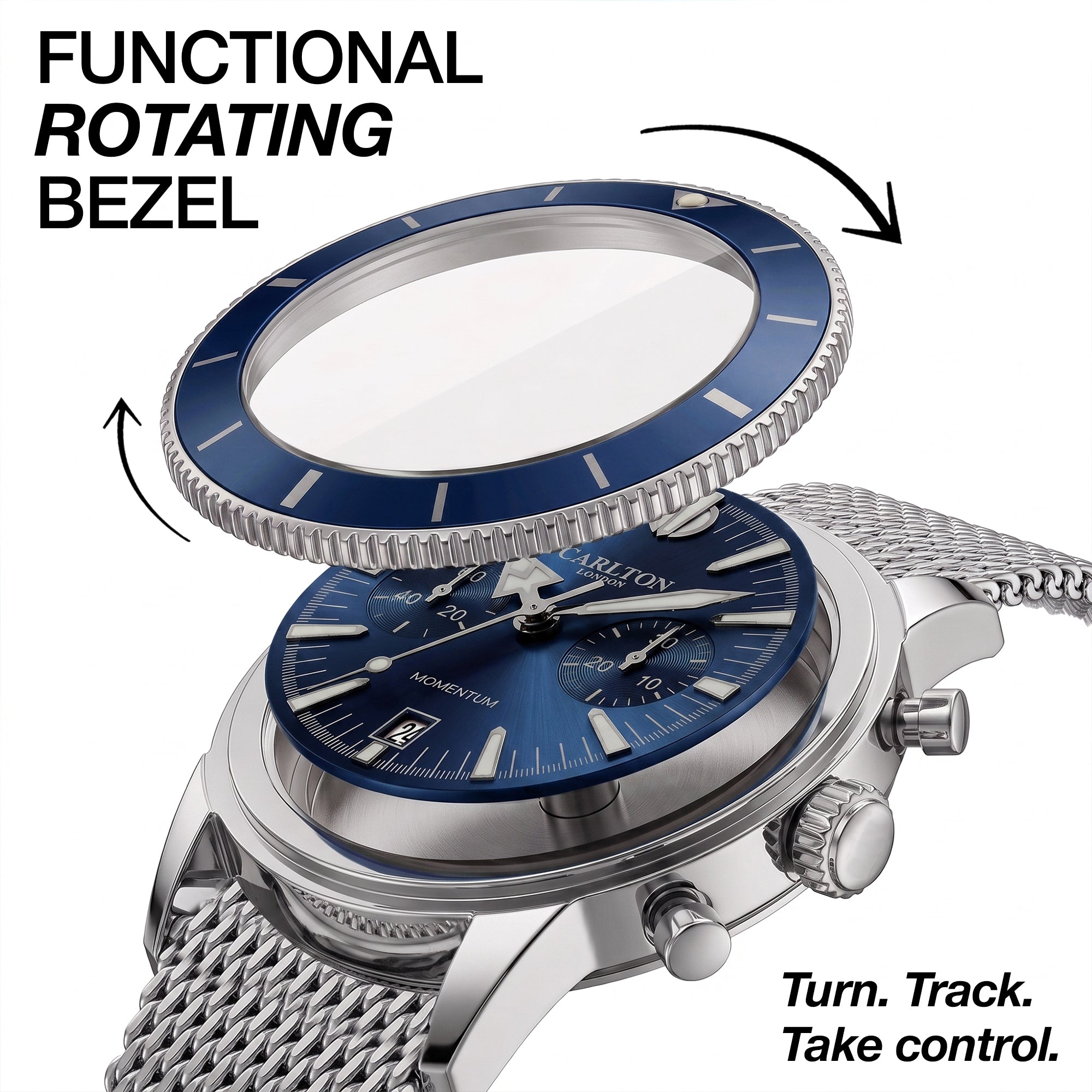 Carlton London Momentum Men’s Watch – Blue Round Dial, Silver Stainless Steel Strap – CL-MT-BLU