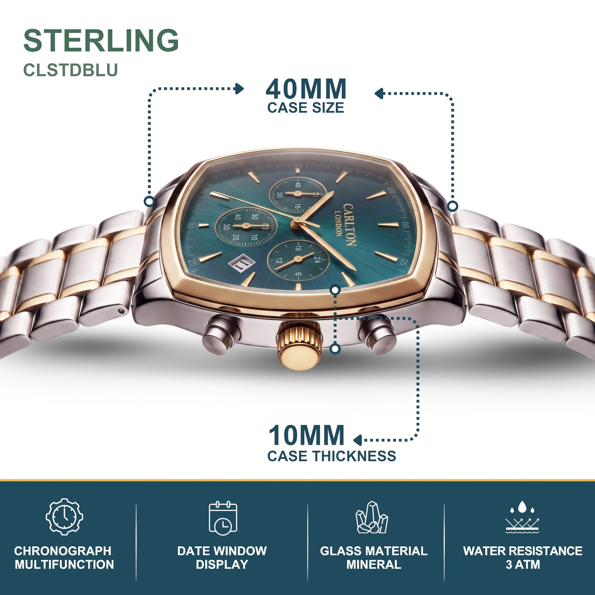 Carlton London Sterling Men’s Watch - Blue Square Dial, Dual Tone Stainless Steel Strap - CLSTDBLU