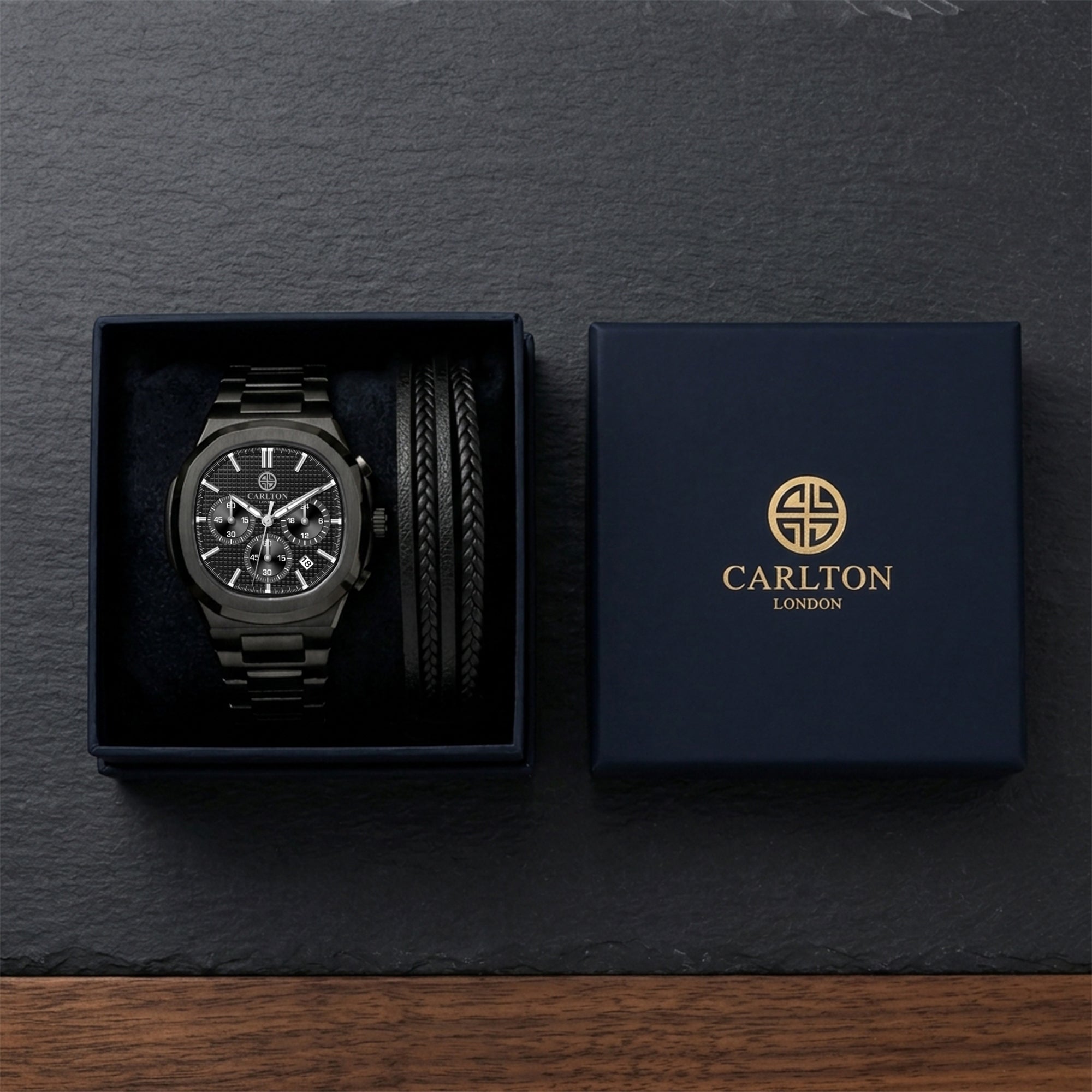 Carlton London Parker Men’s Gift Set – Black Chronograph Watch with Leather Multi-Strap Bracelet – CLPLG142