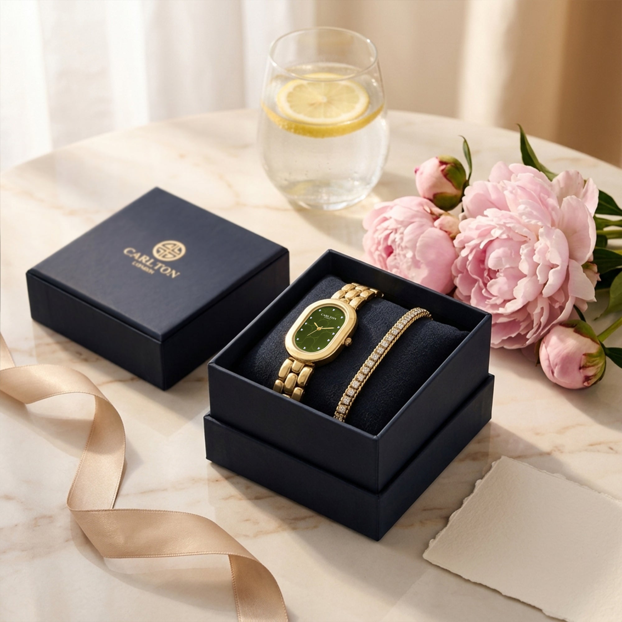 Carlton London Cecil Women’s Gift Set – Olive Green Oval Dial Watch with Tennis Bracelet, Gold Strap – CLPLG132
