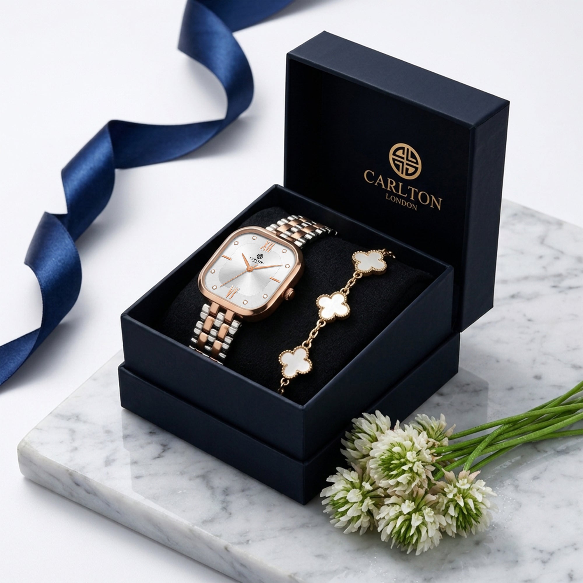 Carlton London Chelsea Women’s Gift Set – Silver Dial Watch with White Leaf Bracelet, Two Tone – CLPLG135
