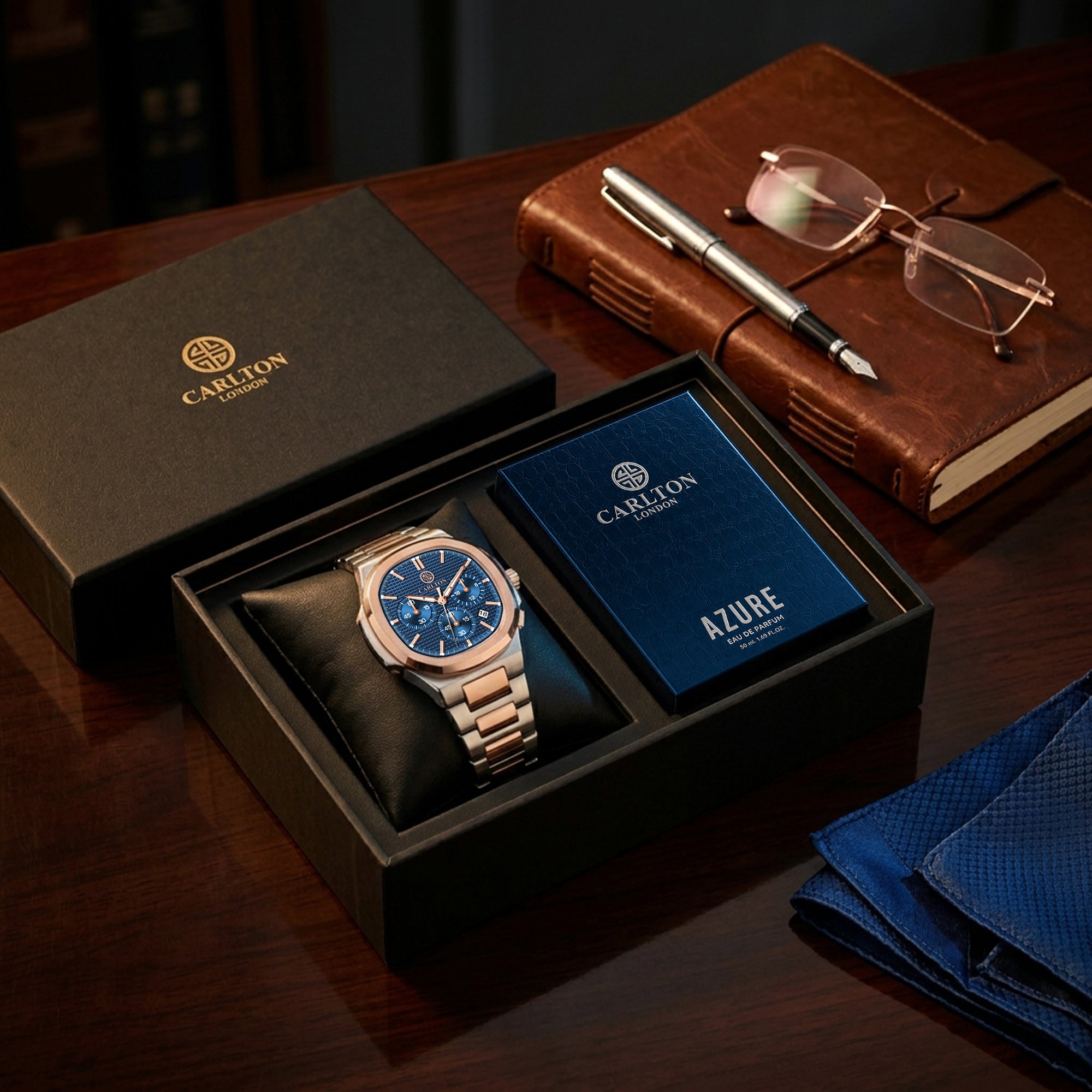 Carlton London Parker Men’s Gift Set – Blue Dial Watch with Azure Perfume 50ml, Silver Strap – CLPLG143