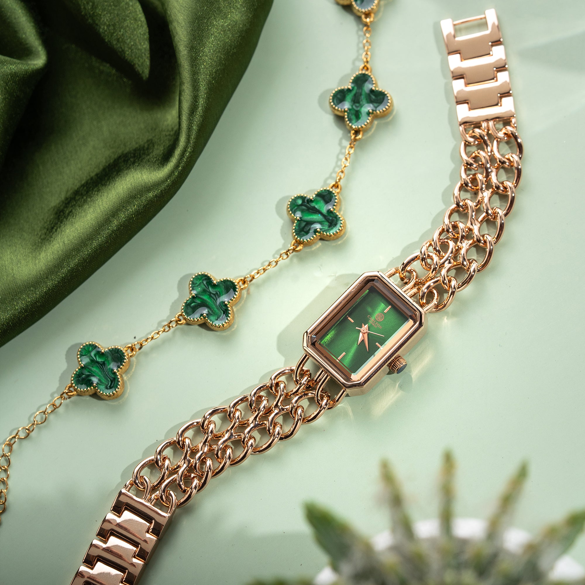 Women Gift set Of Green Dial Watch + 1 Bracelets