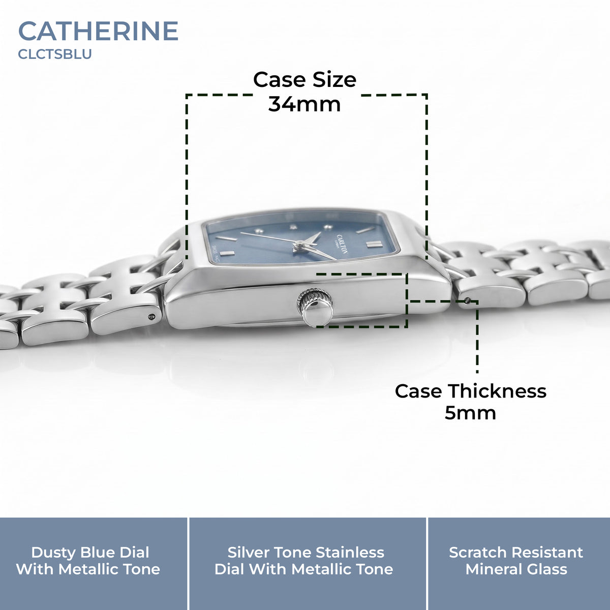Carlton London Catherine Women’s Watch - Blue Rectangle Dial, Silver Stainless Steel Strap - CL-CT-SBLU