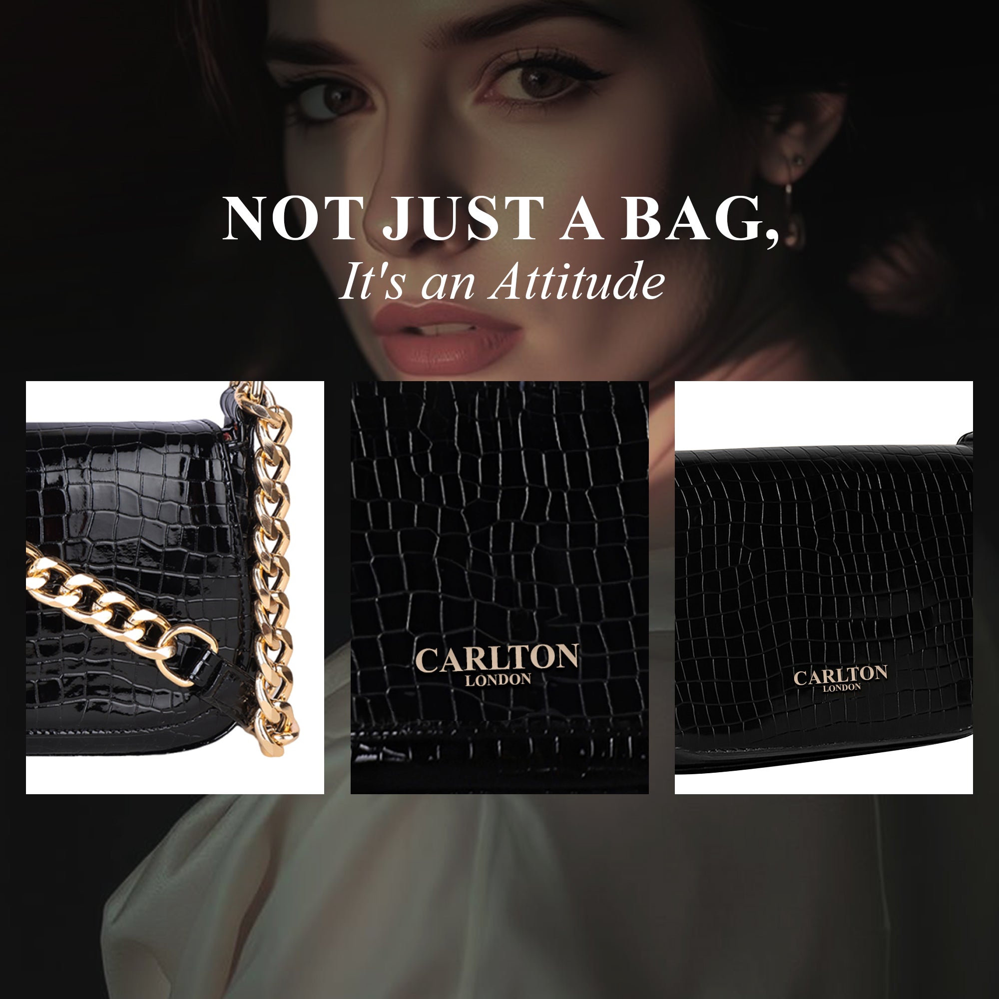 Carlton London Glossy Black Crocodile-Patterned Crossbody Bag with Gold Chain Strap