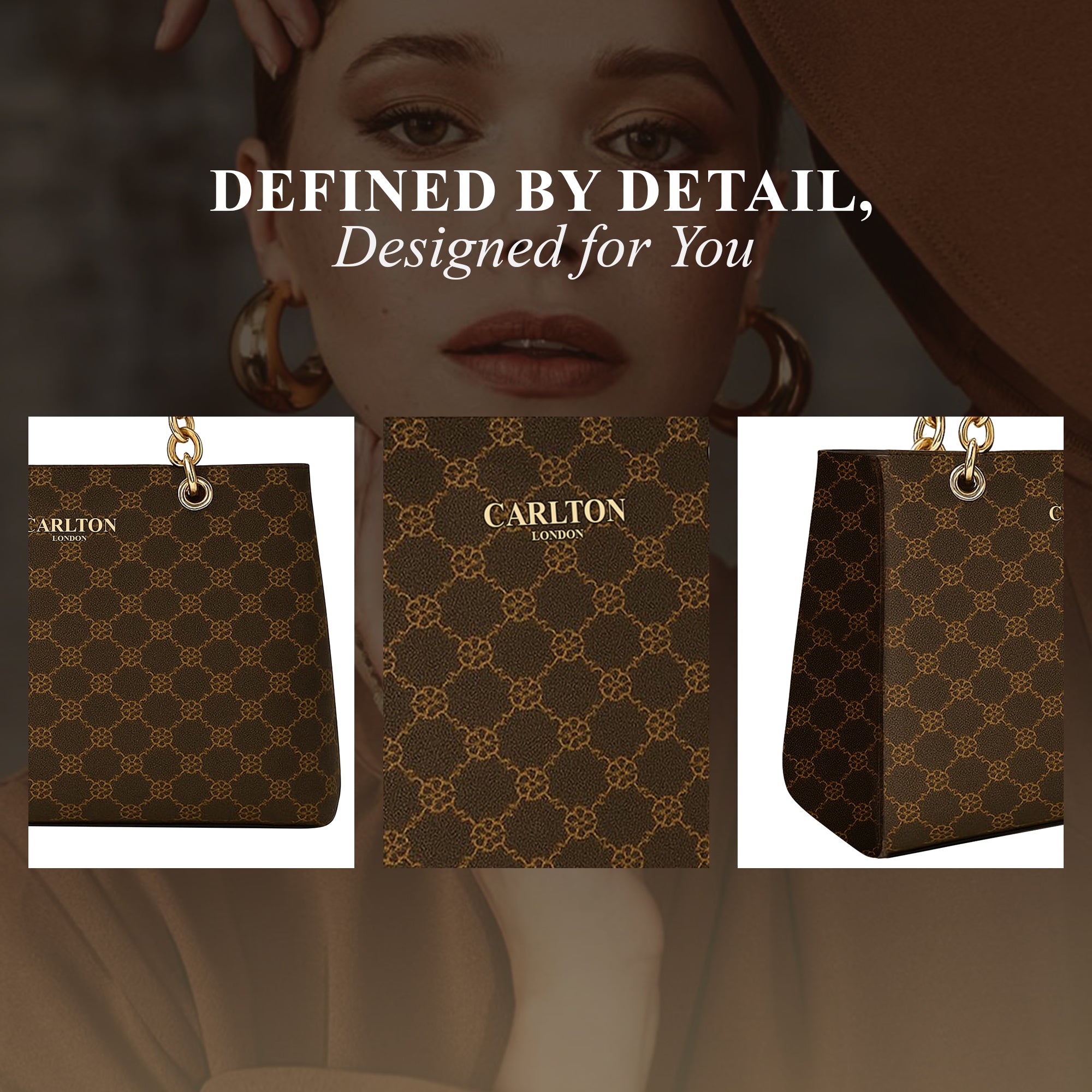 Carlton London brown Monogram Tote Bag with Gold Chain-Link Handles