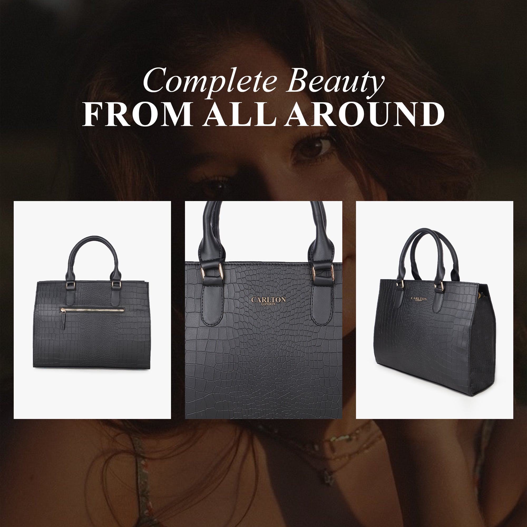 Carlton London Black Crocodile-Patterned Tote Bag