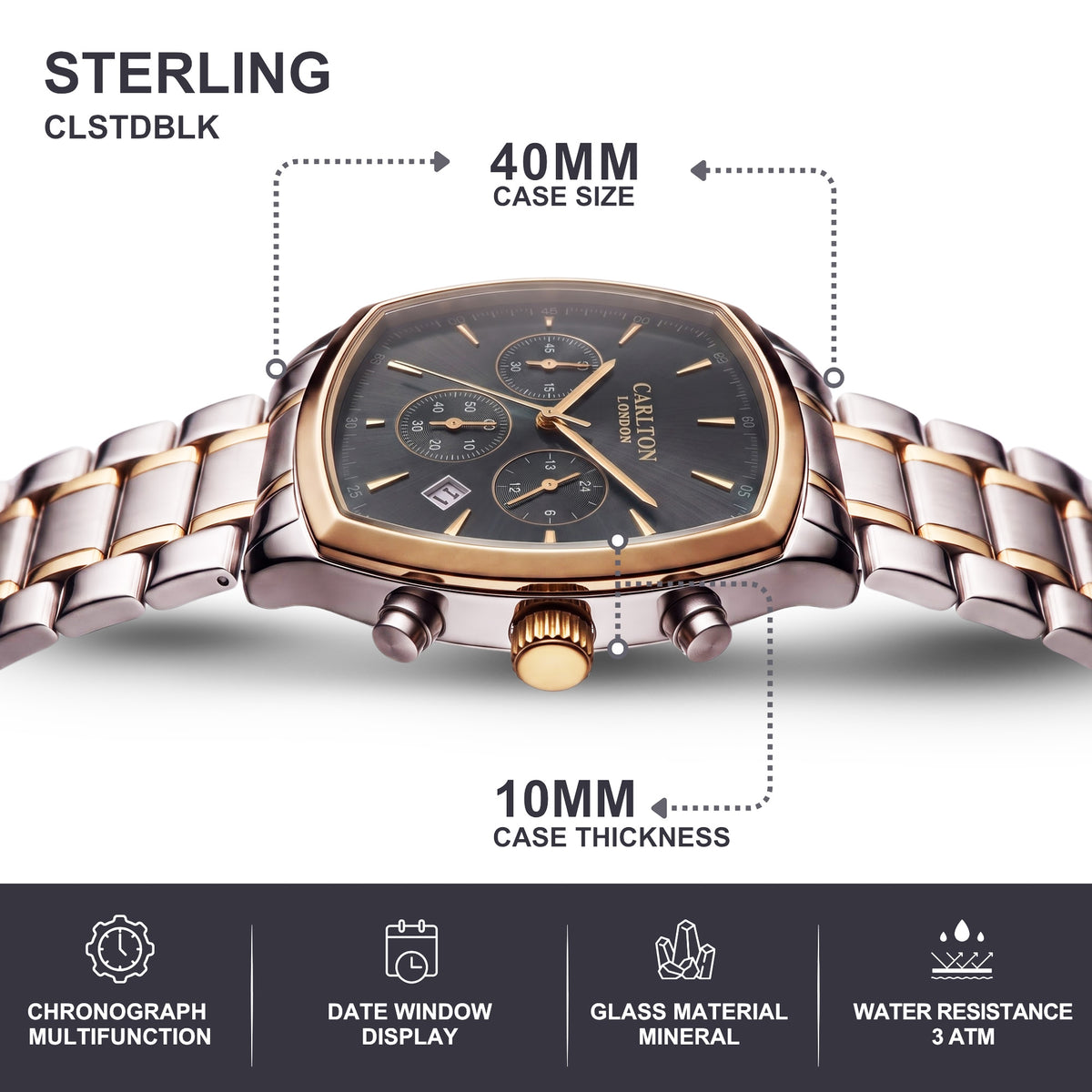 Carlton London Sterling Men’s Watch - Black Square Dial, Dual Tone Stainless Steel Strap - CLSTDBLK