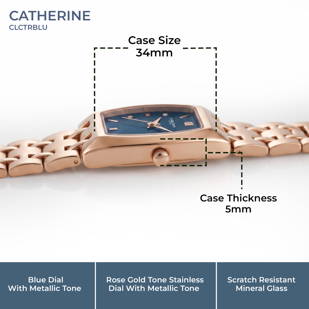 Carlton London Catherine Women’s Watch - Dark Blue Rectangle Dial, Rose Gold Stainless Steel Strap - CL-CT-RBLU