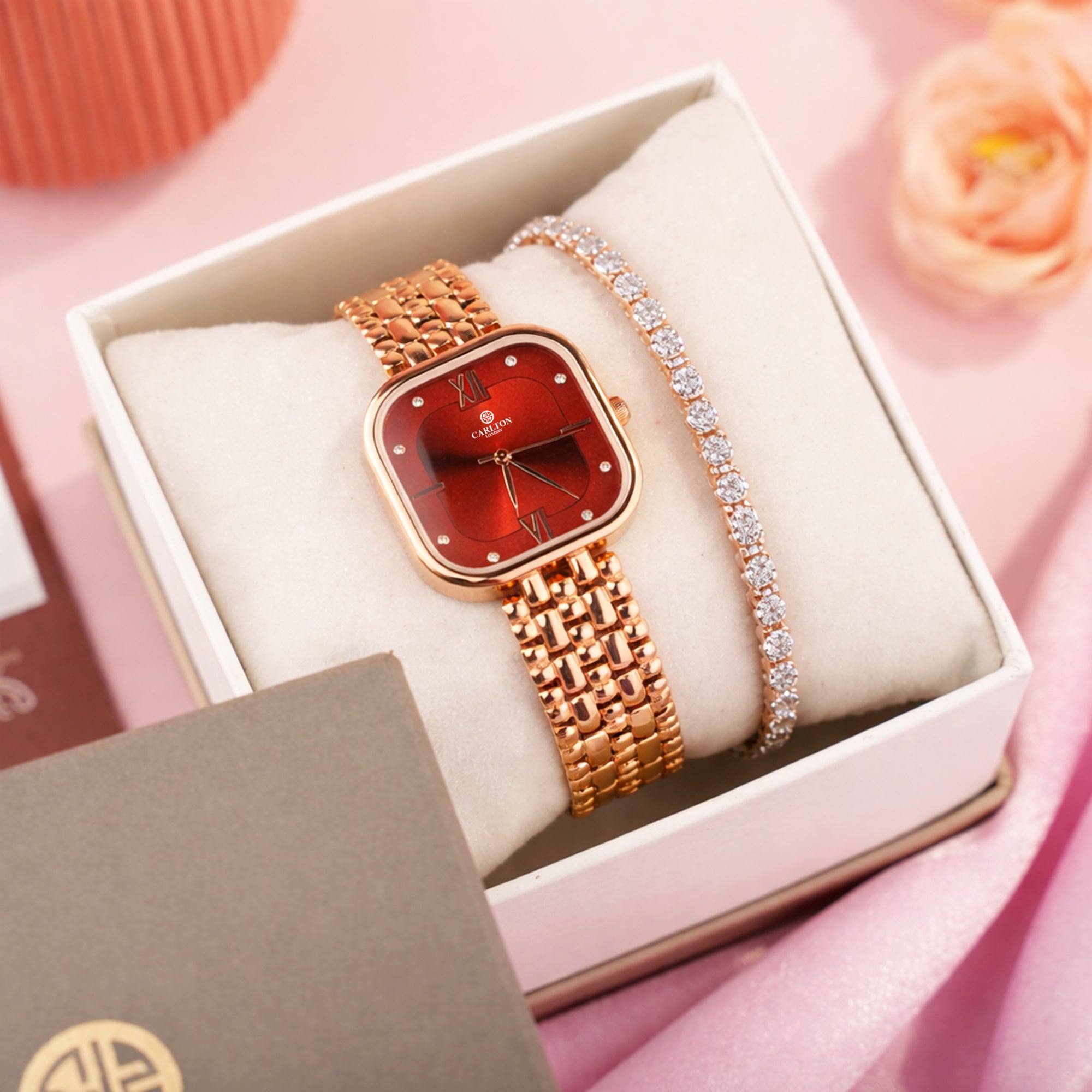 Women Watch Gift 2 - Chelsea Red Analog Watch + Tennis Bracelet - CLPLG118