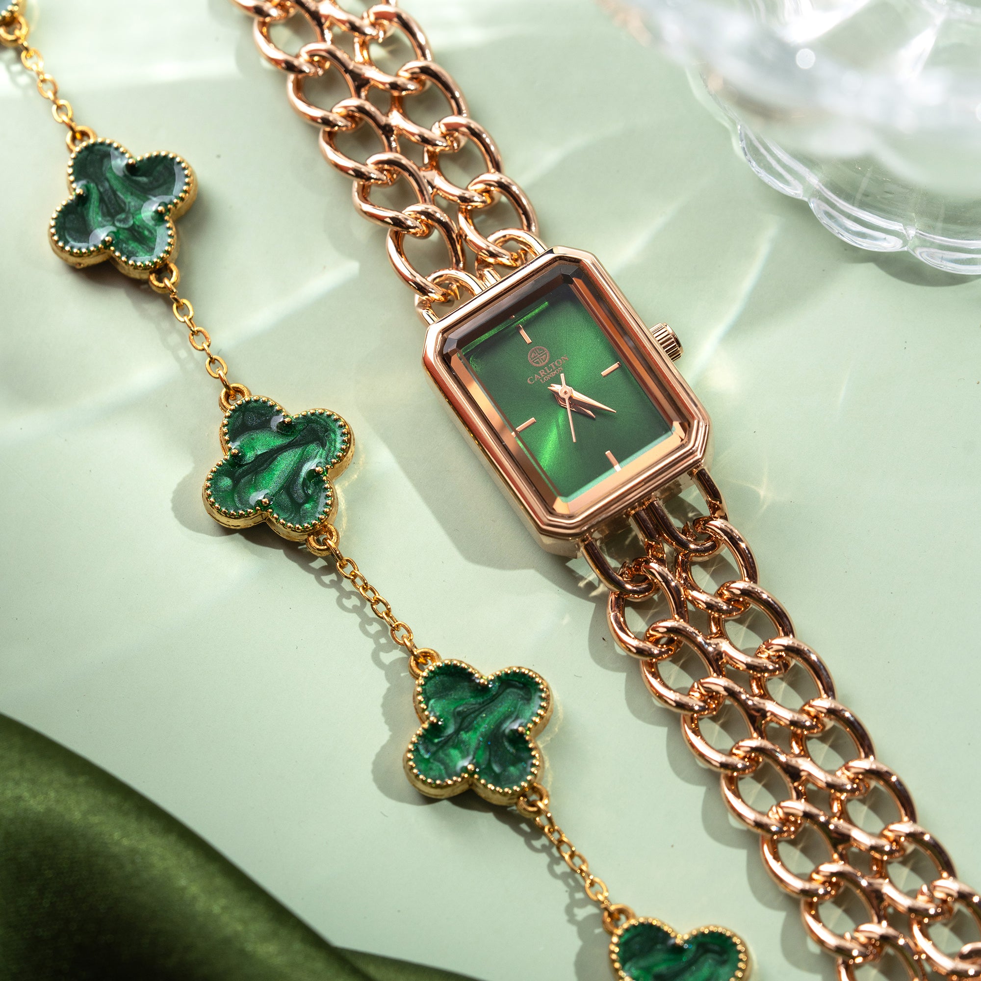 Women Gift set Of Green Dial Watch + 1 Bracelets