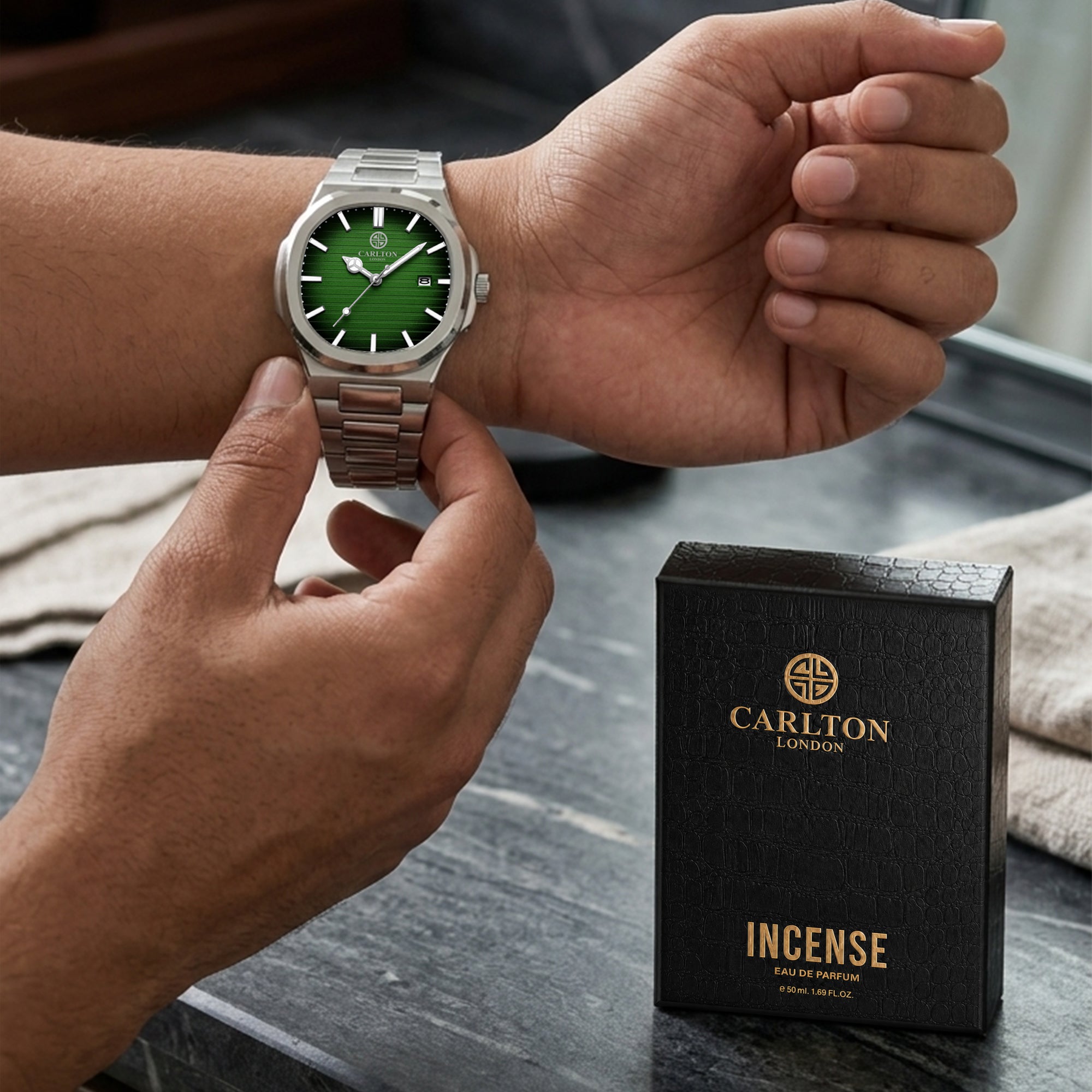 Carlton London Arthur Men’s Gift Set – Teal Dial Watch with Incense Perfume 50ml, Silver Strap – CLPLG129