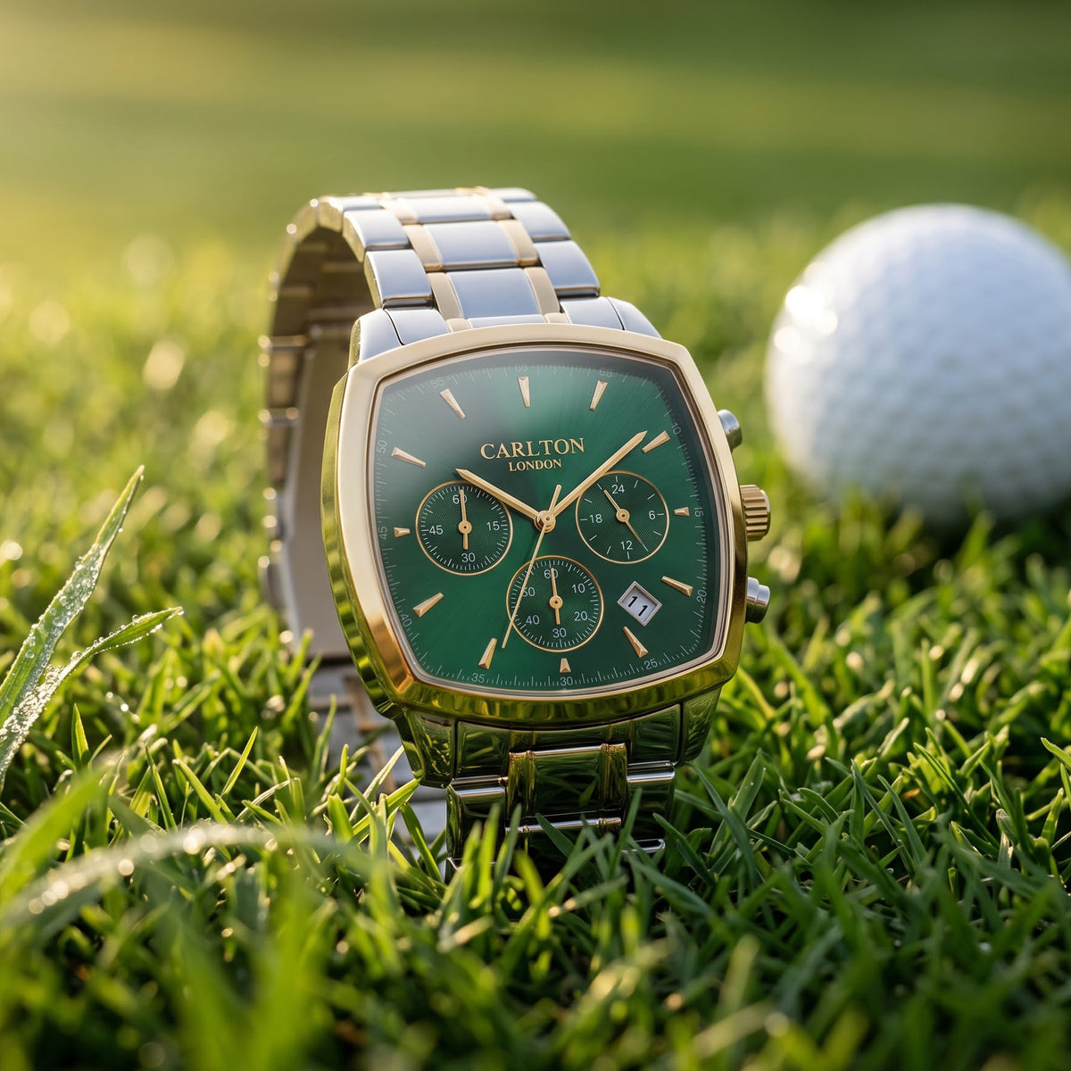 Carlton London Sterling Men’s Watch - Green Square Dial, Dual Tone Stainless Steel Strap - CLSTDGRN