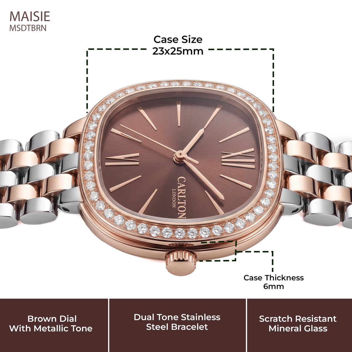 Carlton London Maisie Women’s Watch - Brown Rectangle Dial, Dual Tone Stainless Steel Strap - MSDTBRN