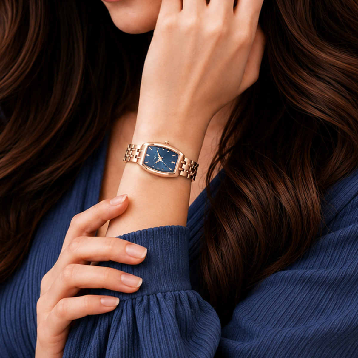 Carlton London Catherine Women’s Watch - Dark Blue Rectangle Dial, Rose Gold Stainless Steel Strap - CL-CT-RBLU