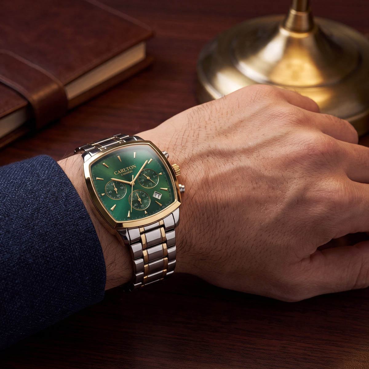 Carlton London Sterling Men’s Watch - Green Square Dial, Dual Tone Stainless Steel Strap - CLSTDGRN