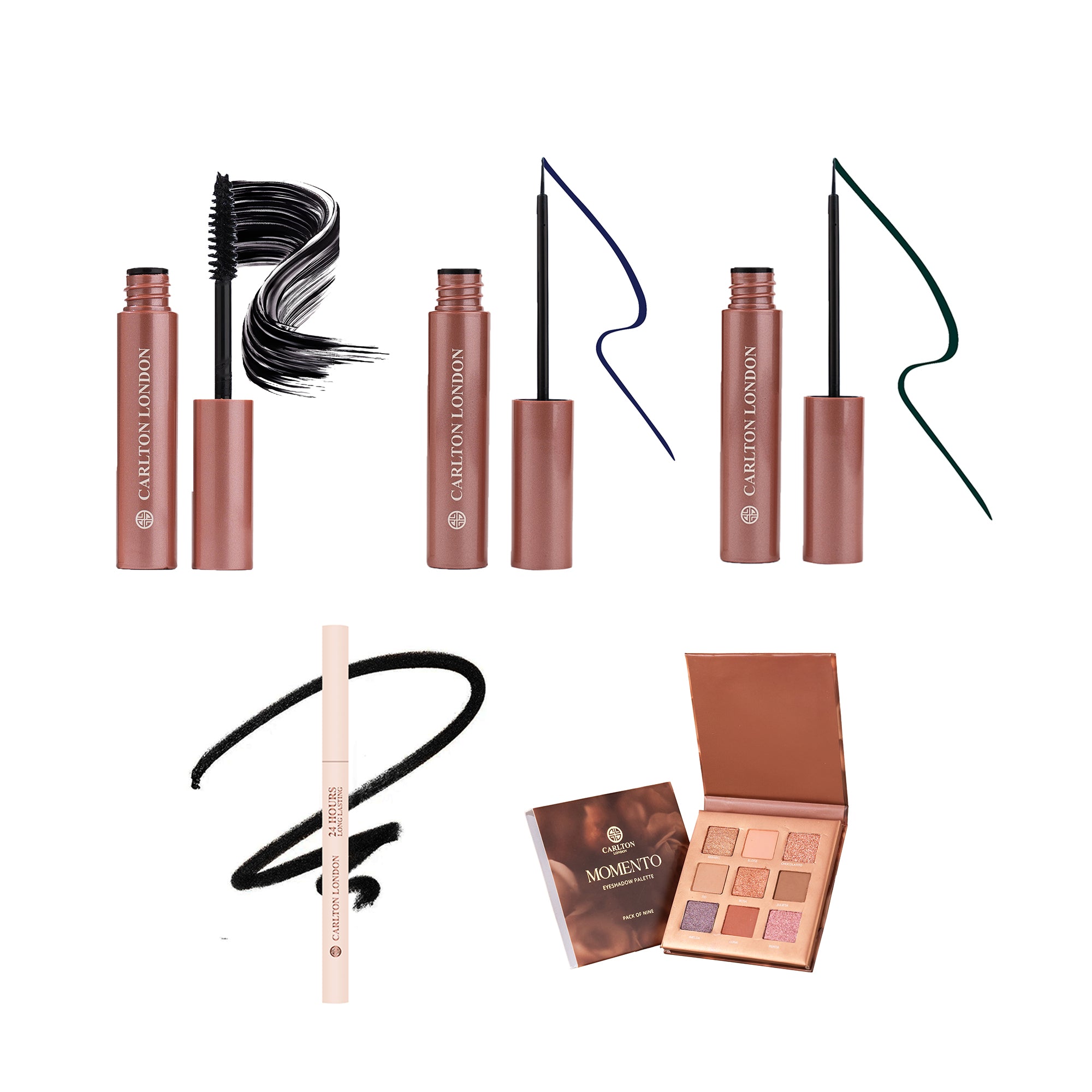Eye Makeup combo set - Pack of 5 (Mascara + Eyeliner - Blue & Green + kajal + Eyeshadow Palette)