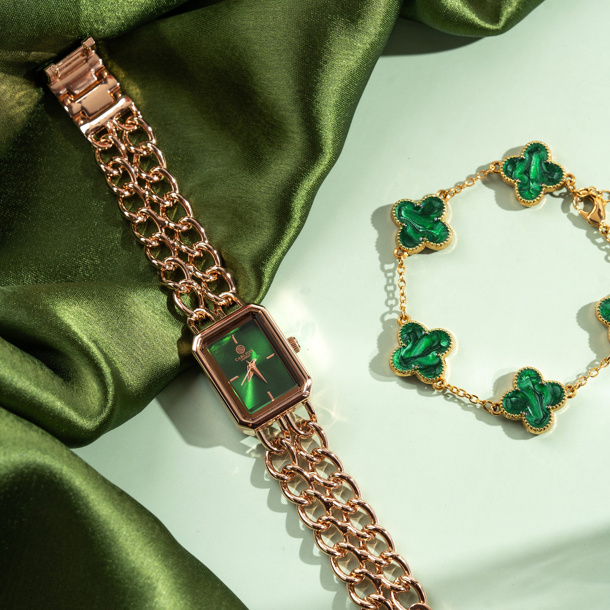 Women Gift set Of Green Dial Watch + 1 Bracelets