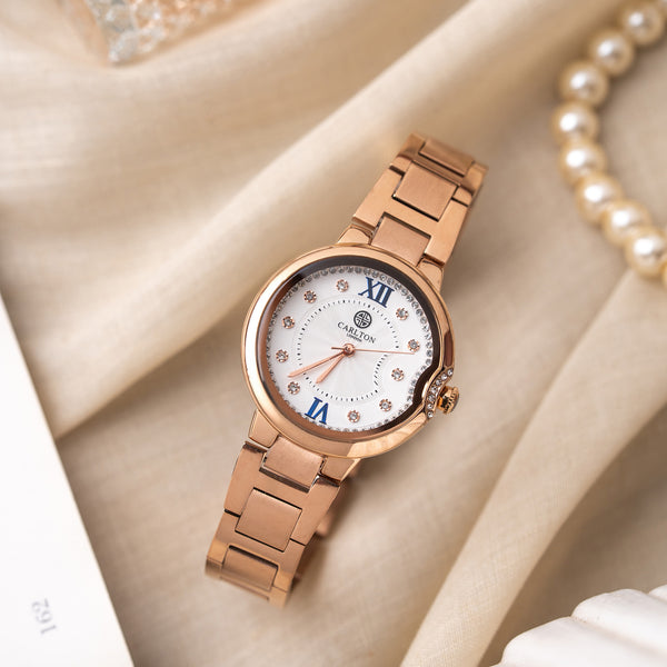 Charlotte : White/ Rose Gold Stainless Steel Women Analog Watch