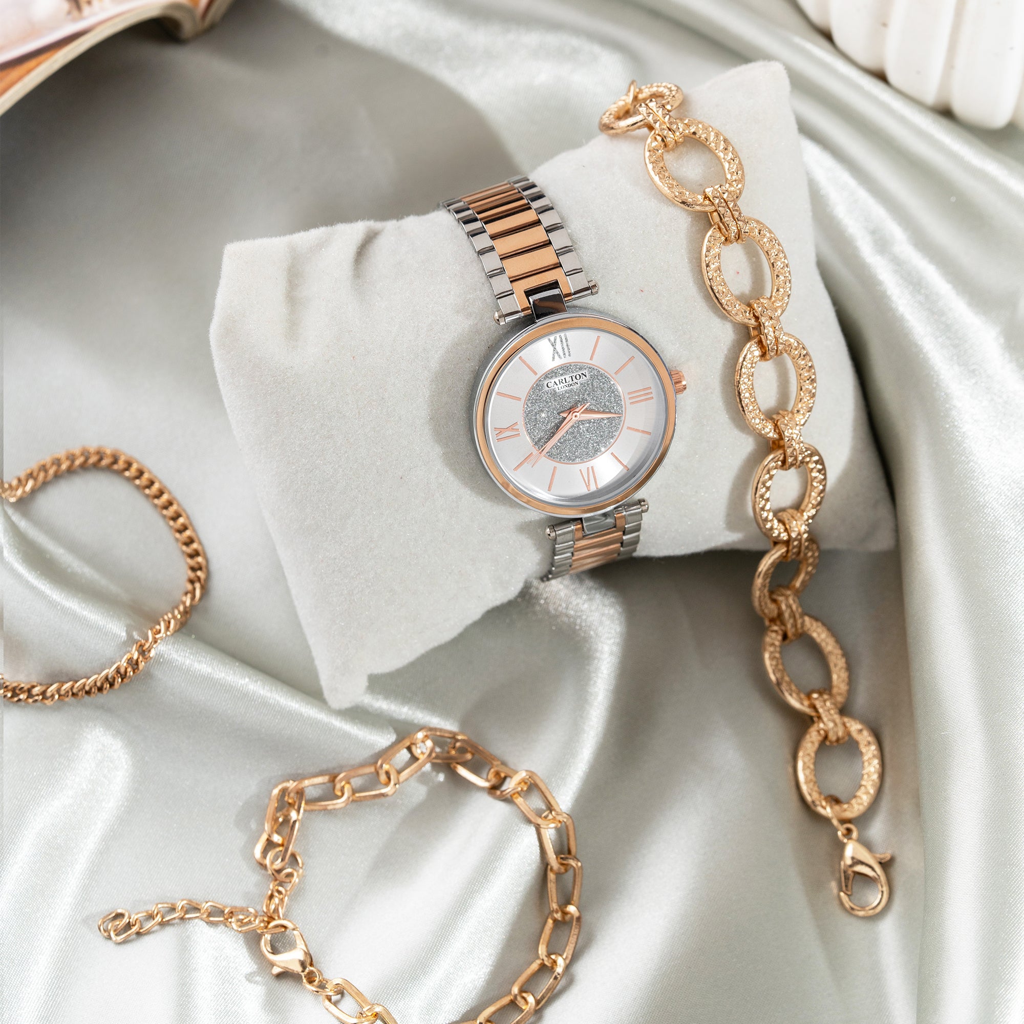 Women Gift Set Of 4 Silver Dial Watch + 3 Bracelets