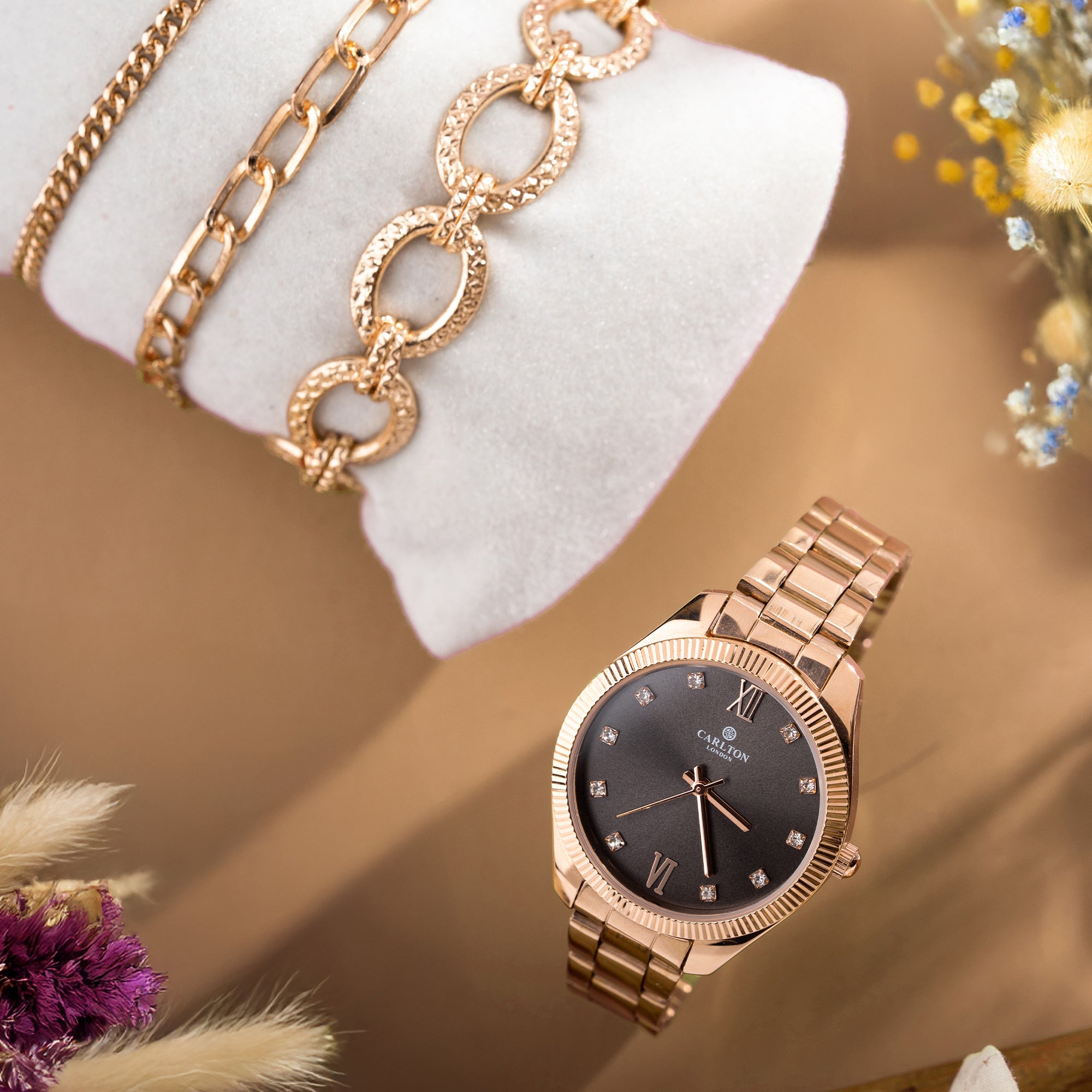 Women Gift Set 4 Of Black Dial Watch + 3 Bracelets - CLPLG075