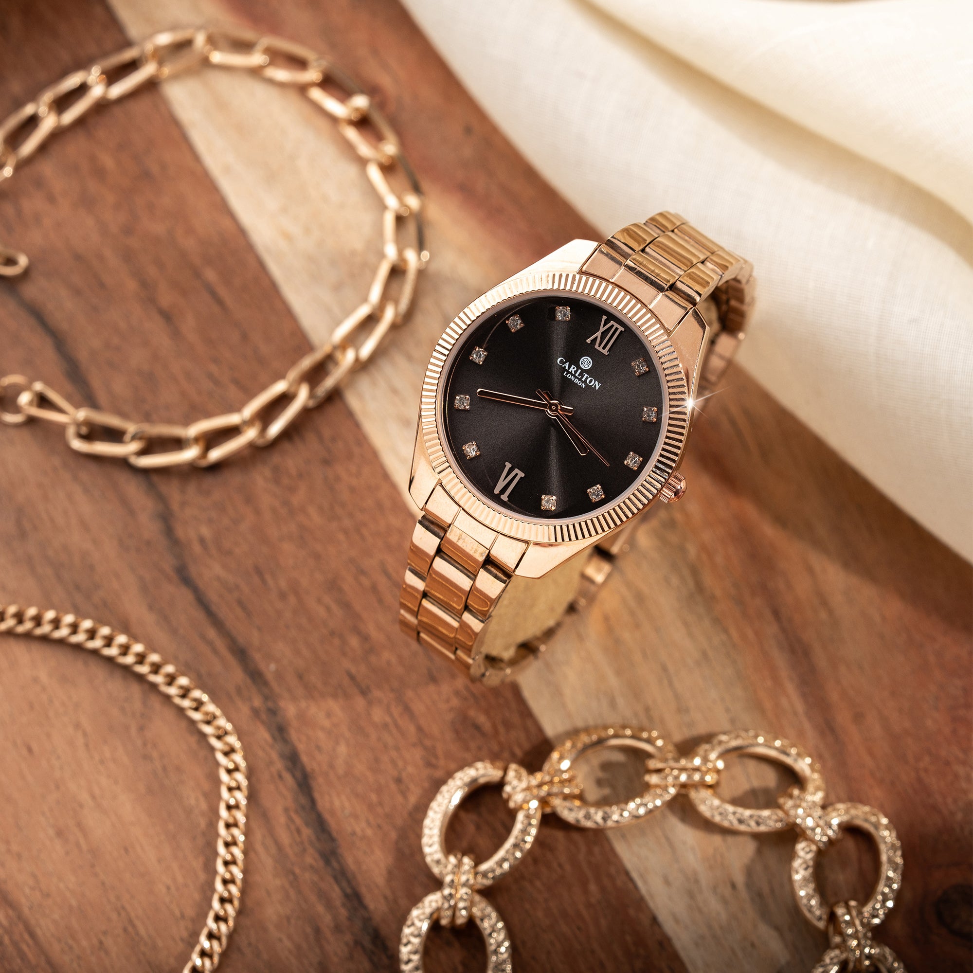 Women Gift Set 4 Of Black Dial Watch + 3 Bracelets - CLPLG075