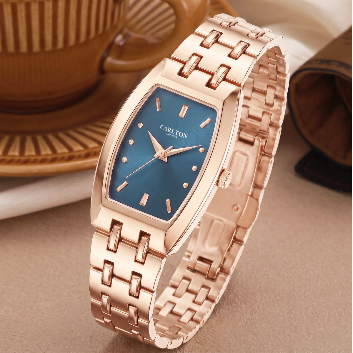 Carlton London Catherine Women’s Watch - Dark Blue Rectangle Dial, Rose Gold Stainless Steel Strap - CL-CT-RBLU
