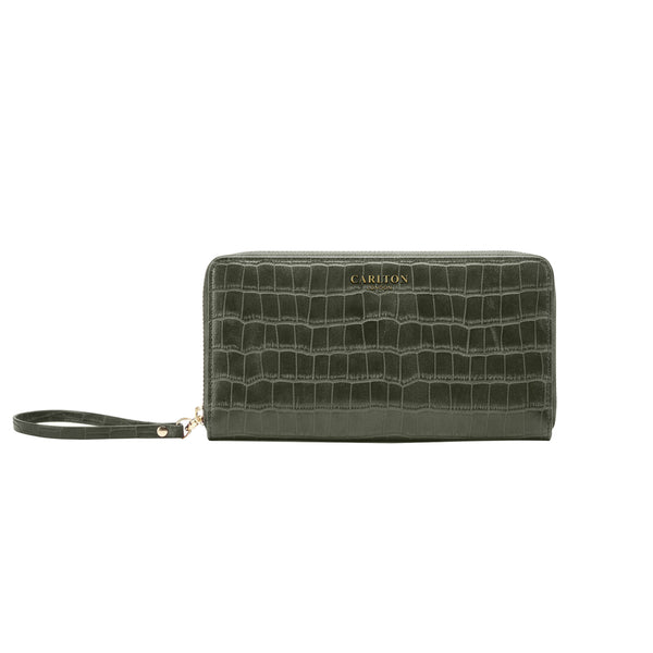 Carlton London Olive Croc Textured Zip Around Wallet With Detachable Wrist Strap - CLHB-29