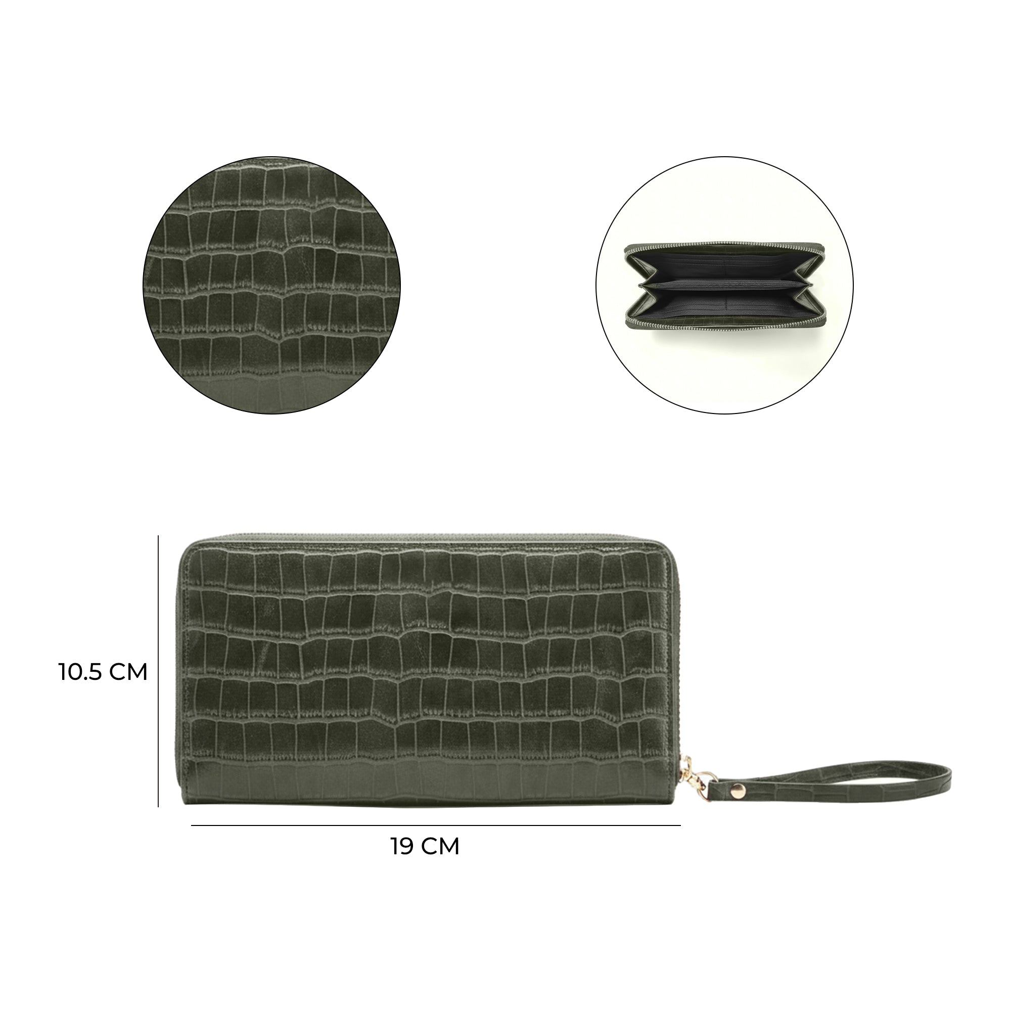 Carlton London Olive Croc Textured Zip Around Wallet With Detachable Wrist Strap - CLHB-29