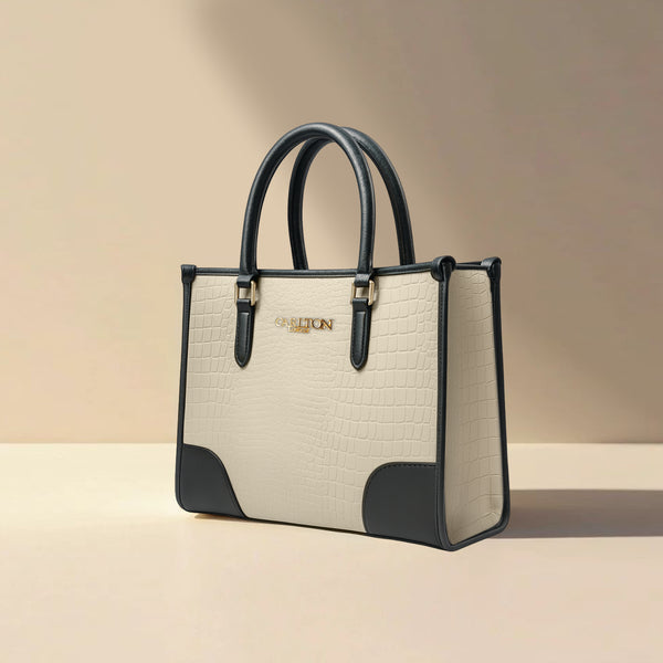 Carlton London Cream Black Croc Textured Structured Bag - CLLP-817 Cream Black