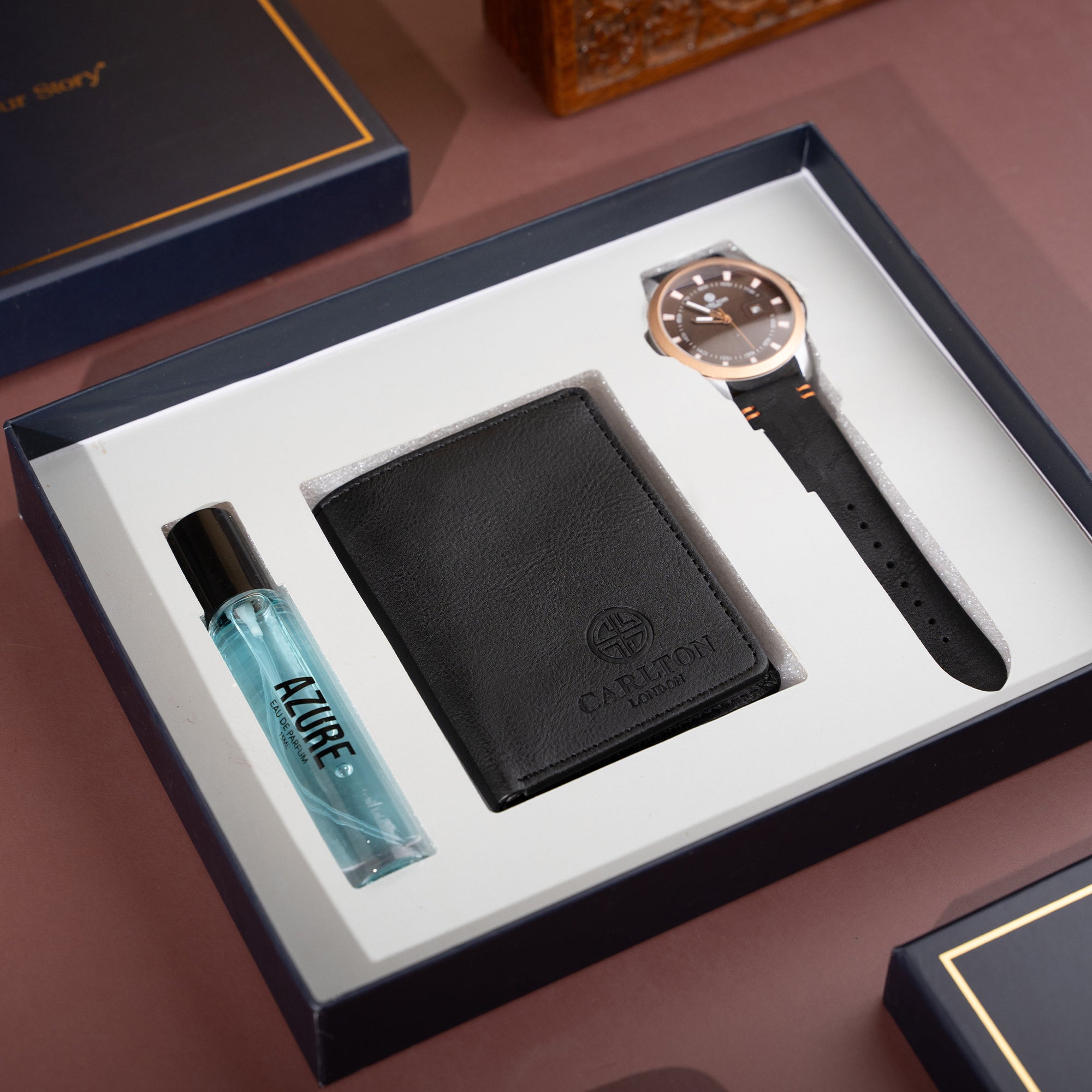 Men Gift Set of 3 Azure Perfume + Duke Brown Dial Watch + Card Holder - CLPLG039