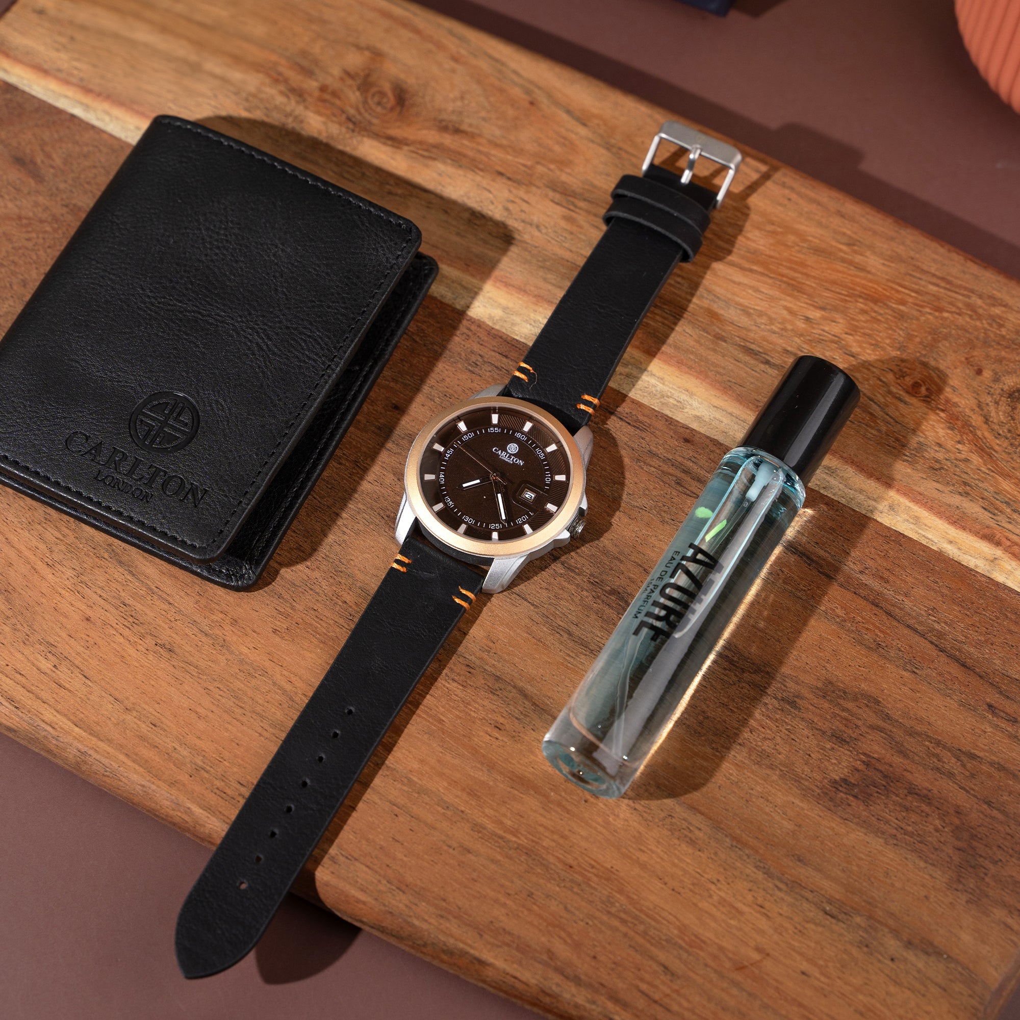 Men Gift Set of 3 Azure Perfume + Duke Brown Dial Watch + Card Holder - CLPLG039