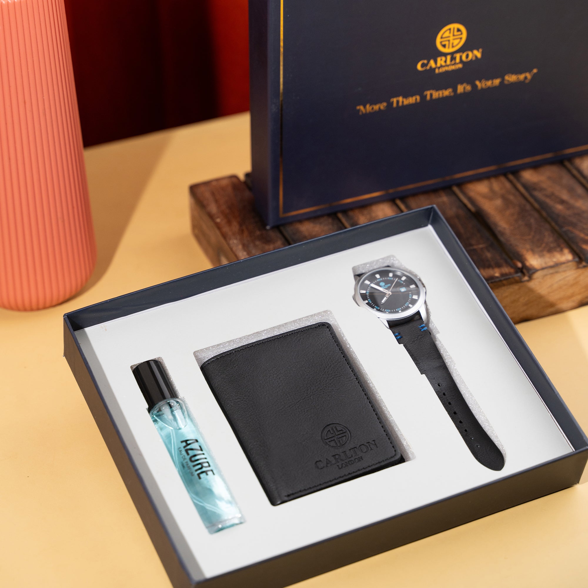 Men Gift Set of 3 Azure Perfume(15ml) + Watch + Card Holder