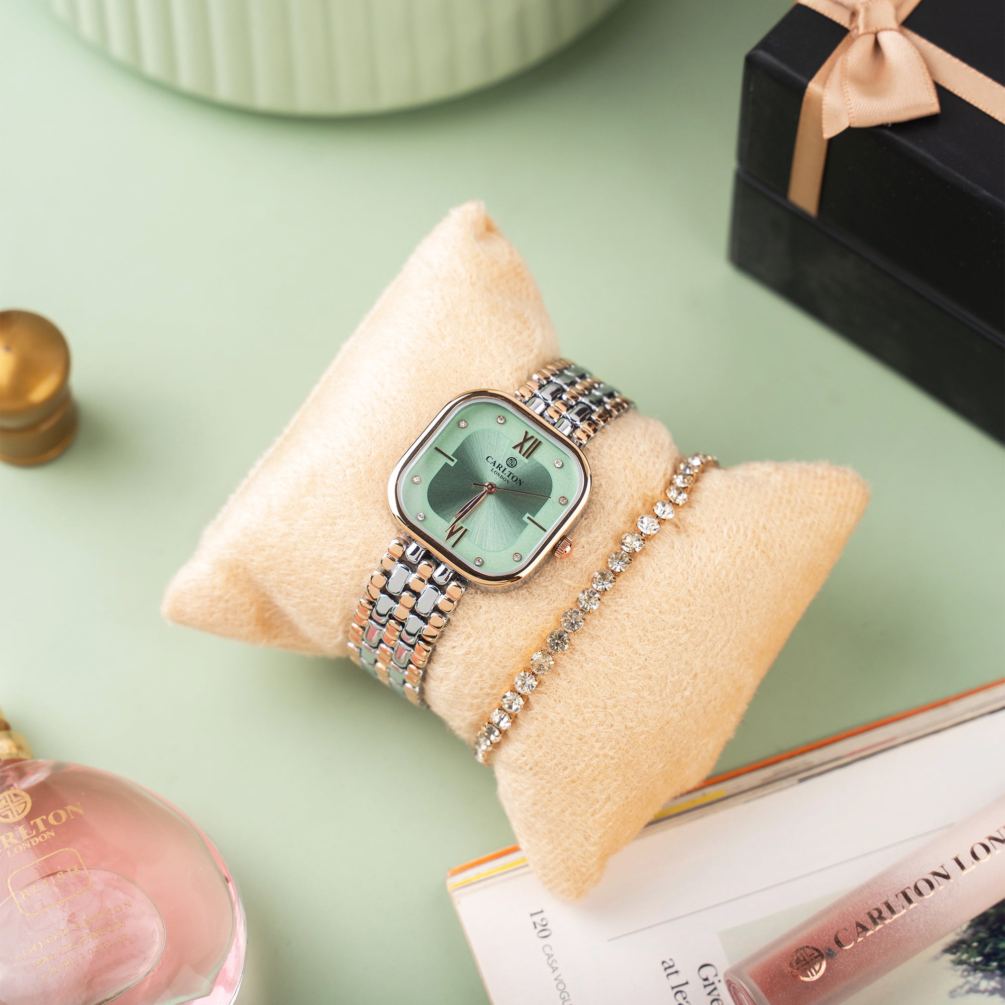 Women Gift (Set of 2) - Chelsea Mint Green Analog Watch + Tennis Bracelet