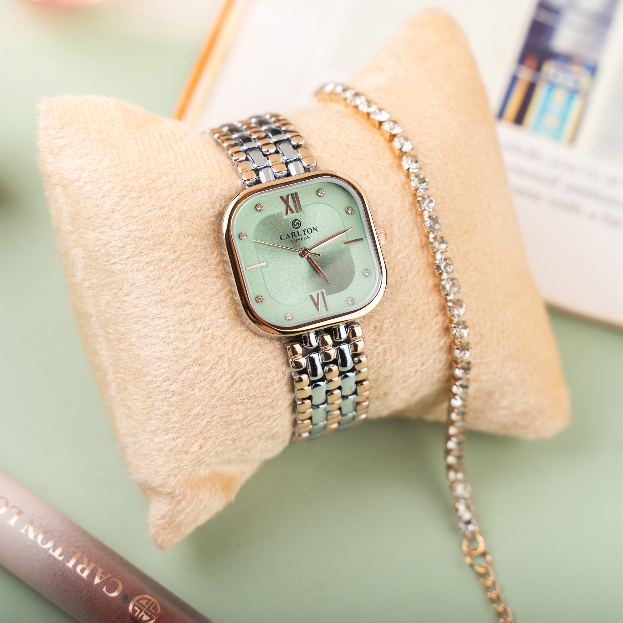Women Gift (Set of 2) - Chelsea Mint Green Analog Watch + Tennis Bracelet