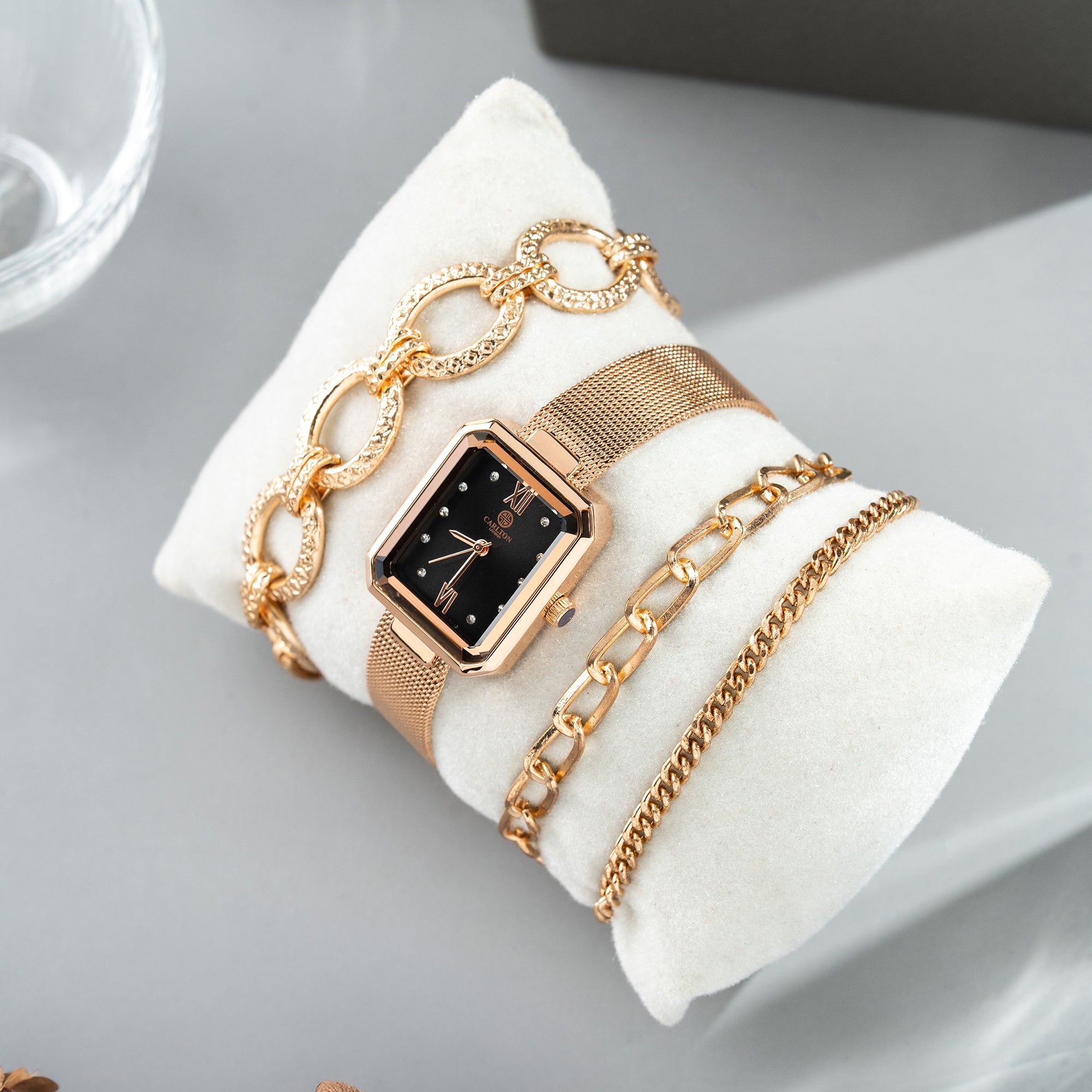 Women Gift set Of 4 Black Dial Watch + 3 Bracelets - CLPLG078