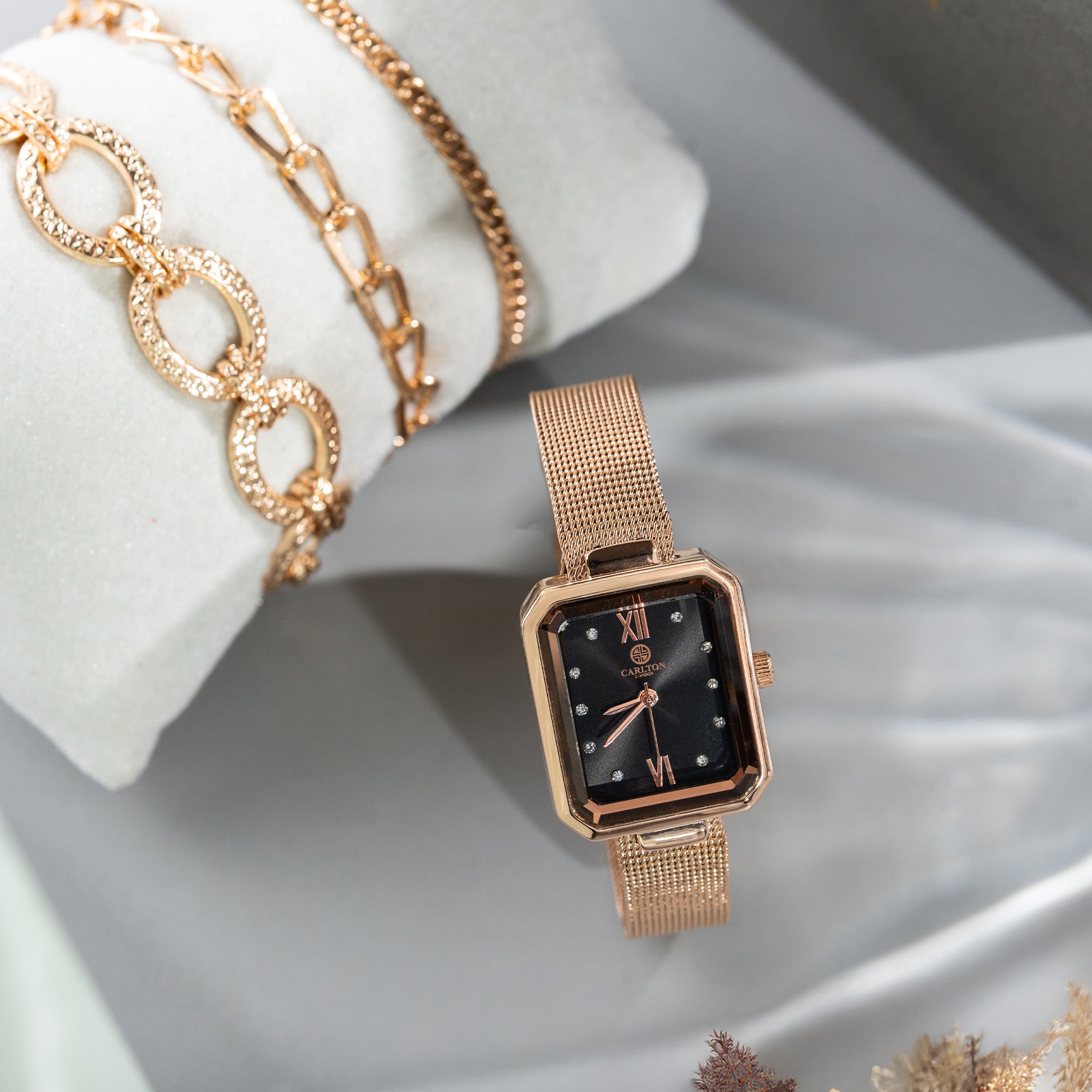 Women Gift set Of 4 Black Dial Watch + 3 Bracelets - CLPLG078