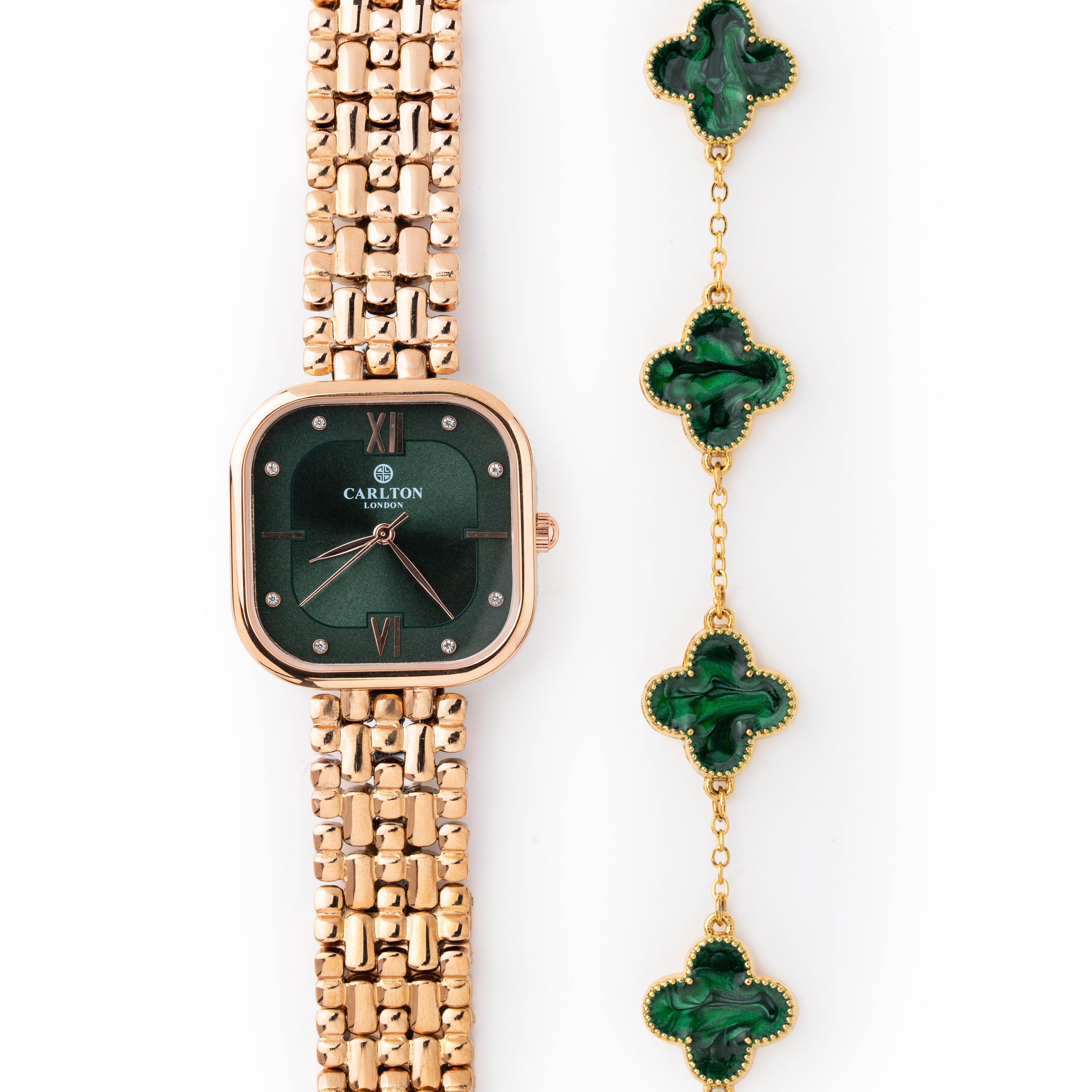 Women Gift (Set Of 2) - Rose Gold/Green Chelsea Watch + Bracelet