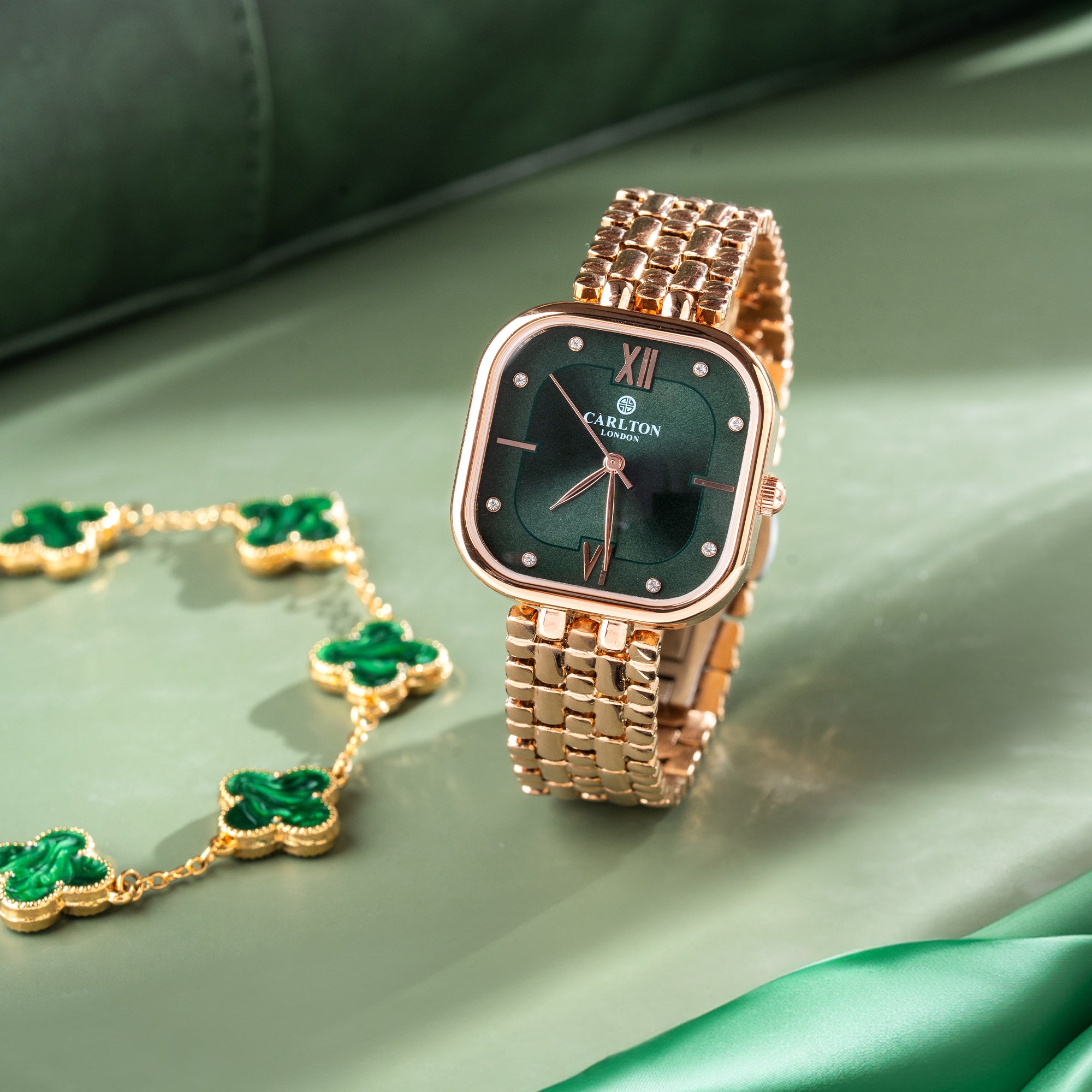 Women Gift 2 - Rose Gold/Green Chelsea Watch + Bracelet - CLPLG053